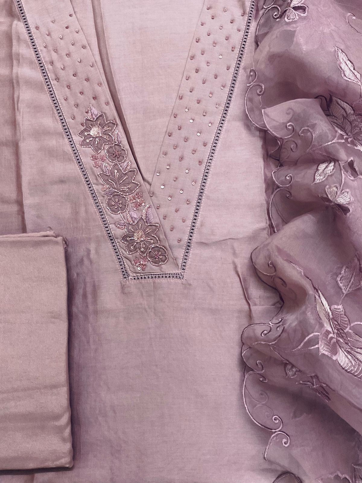 Pure Chanderi Embroidered Suit - Lavender