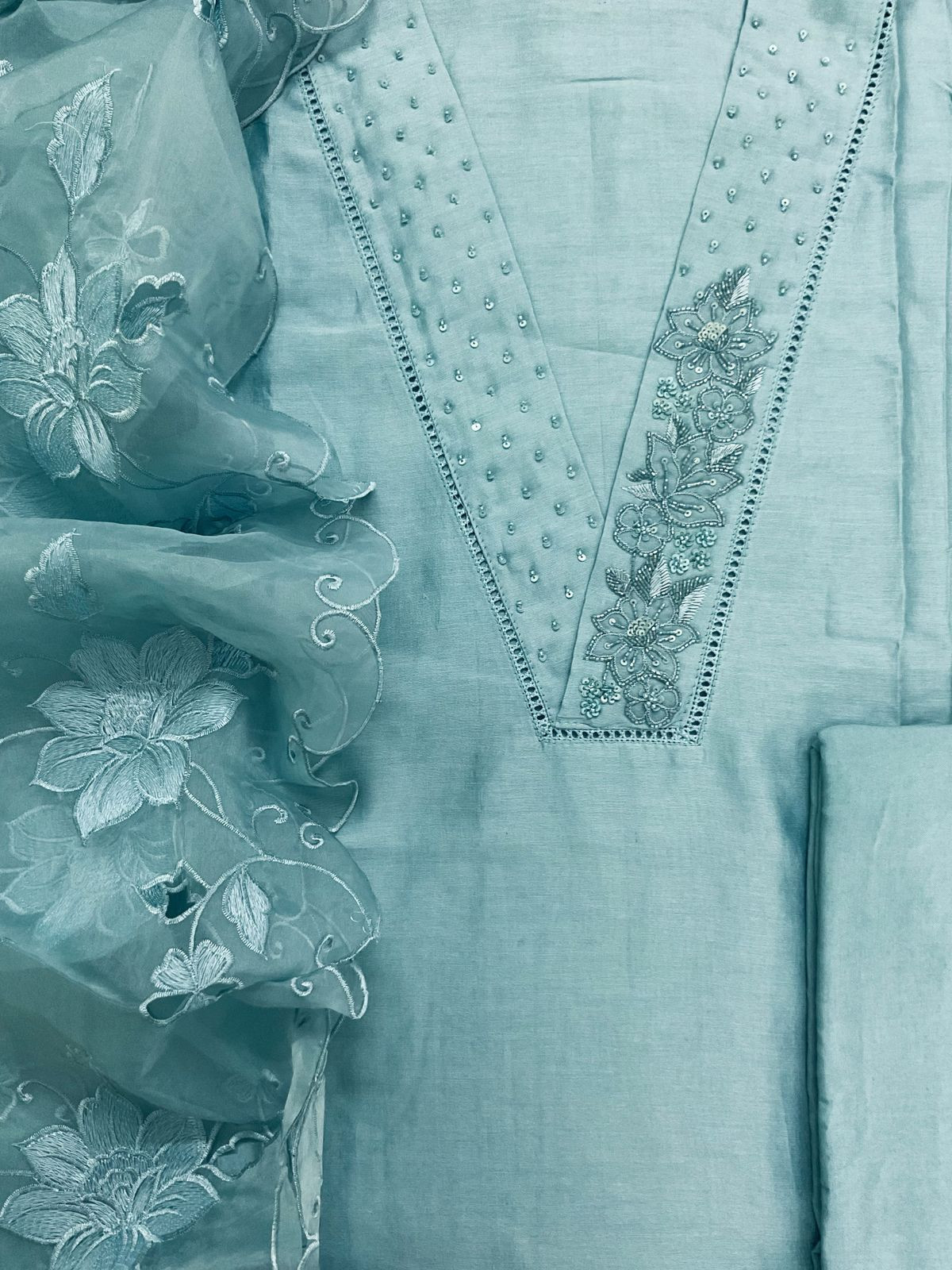 Pure Chanderi Embroidered Suit - Blue