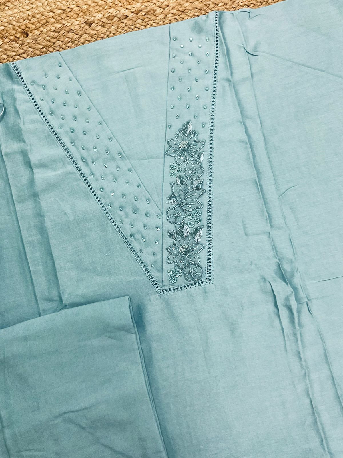 Pure Chanderi Embroidered Suit - Blue