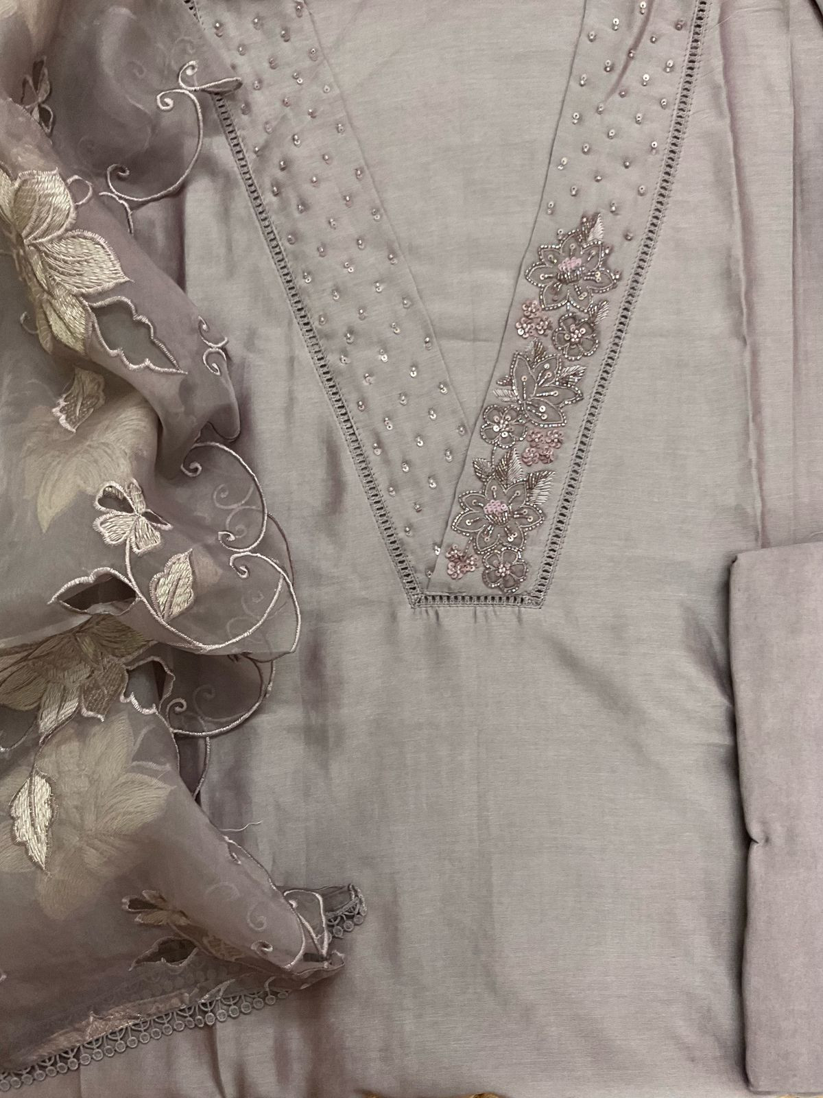Pure Chanderi Embroidered Suit - Lilac Beige