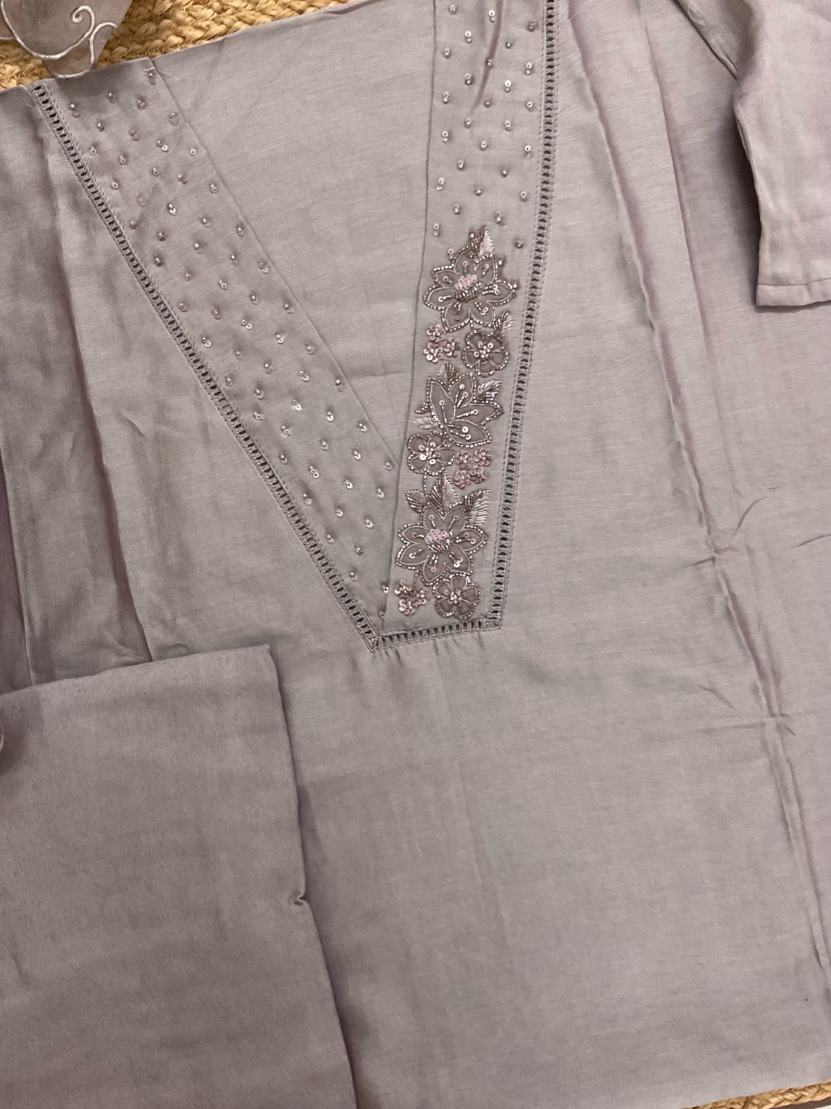 Pure Chanderi Embroidered Suit - Lilac Beige