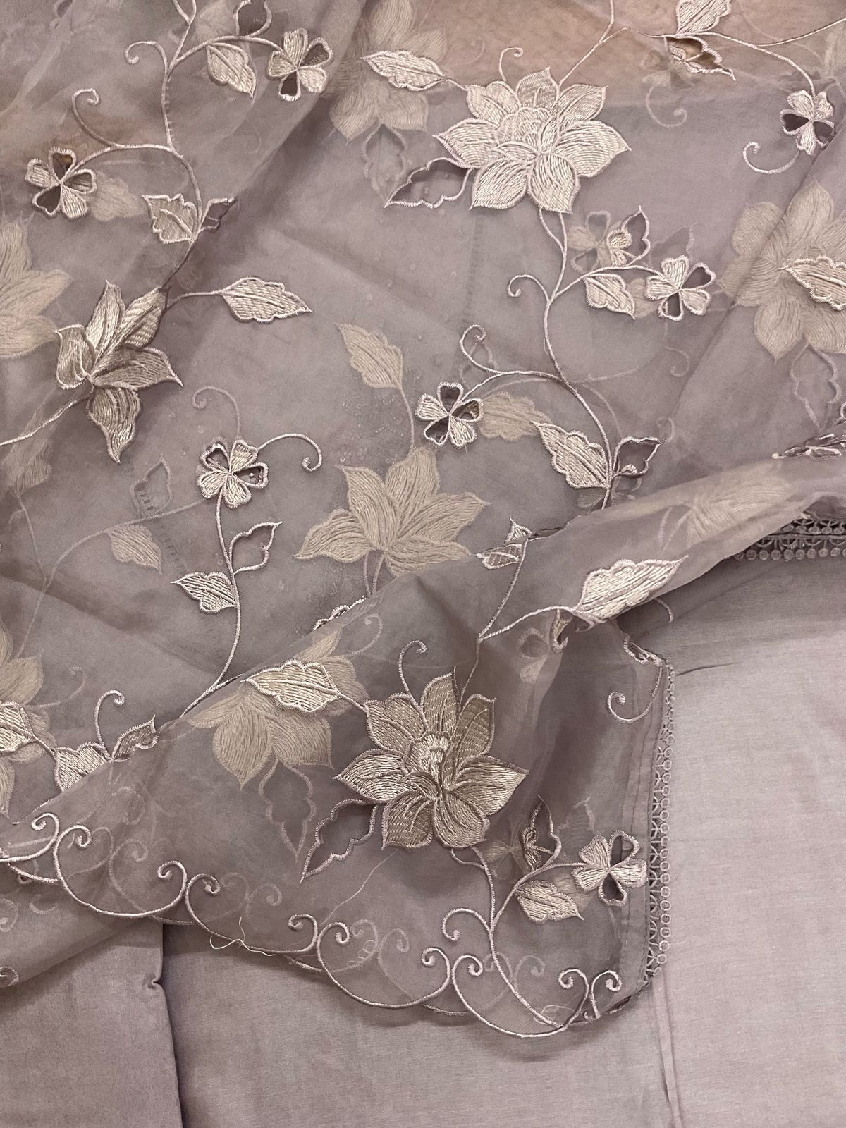 Pure Chanderi Embroidered Suit - Lilac Beige