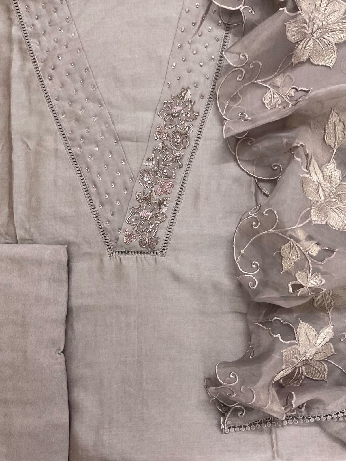Pure Chanderi Embroidered Suit - Lilac Beige