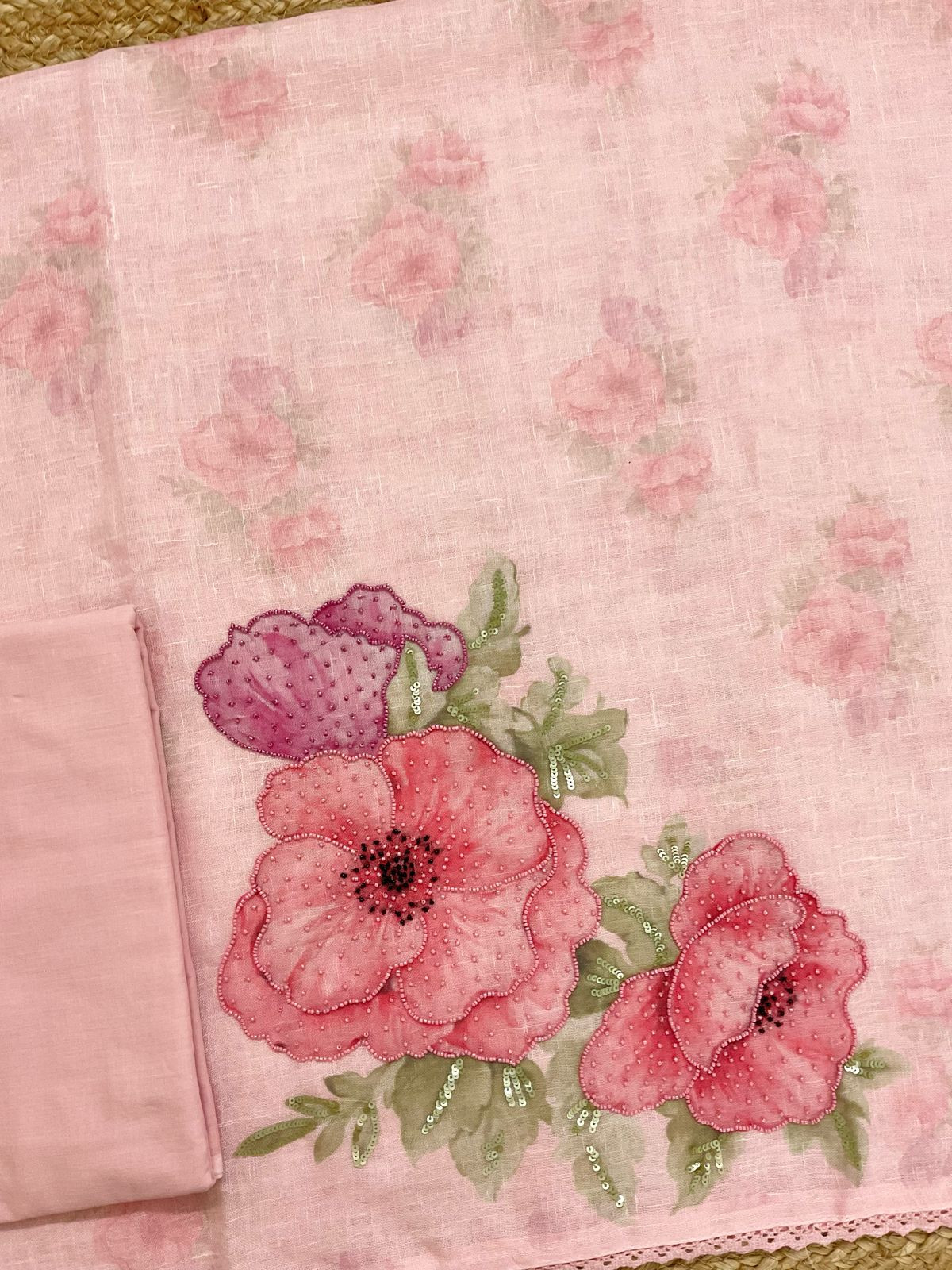 Soft Linen Jute Cotton Printed Embroidered Suit - Pink