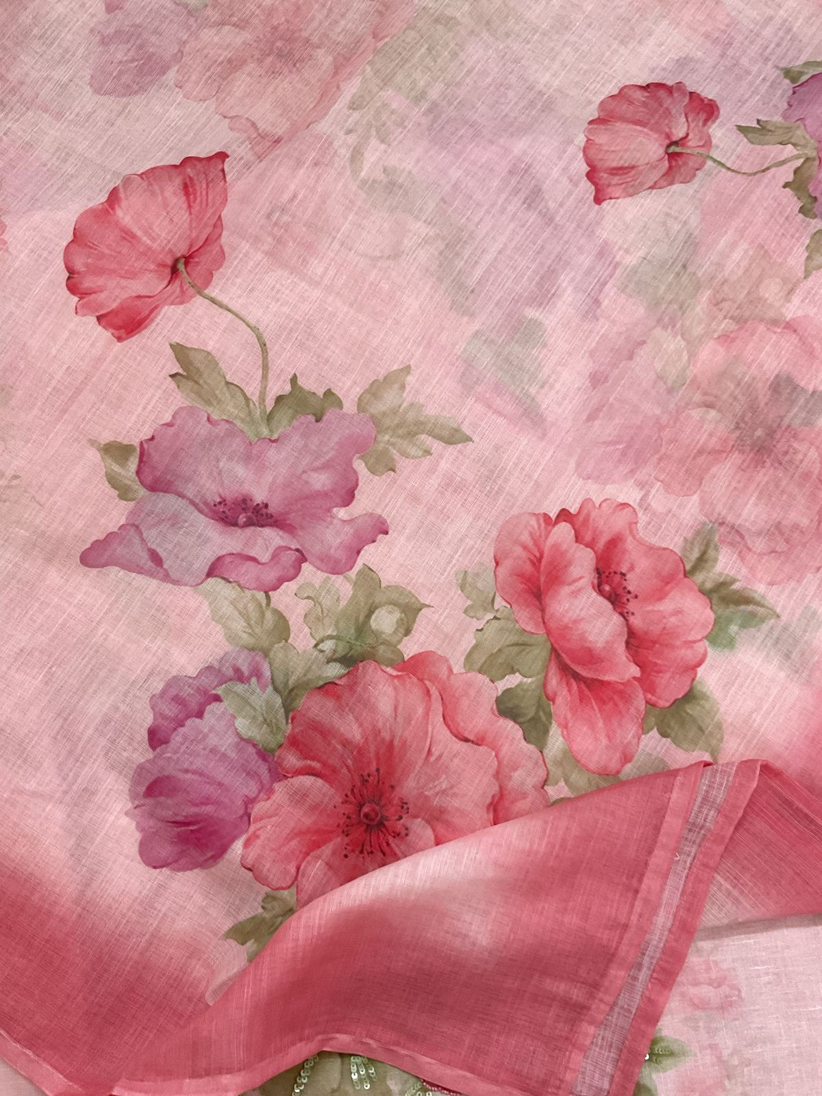 Soft Linen Jute Cotton Printed Embroidered Suit - Pink