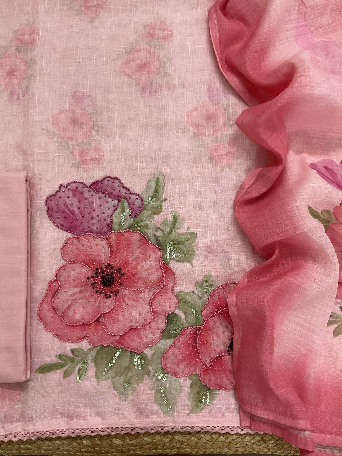 Soft Linen Jute Cotton Printed Embroidered Suit - Pink