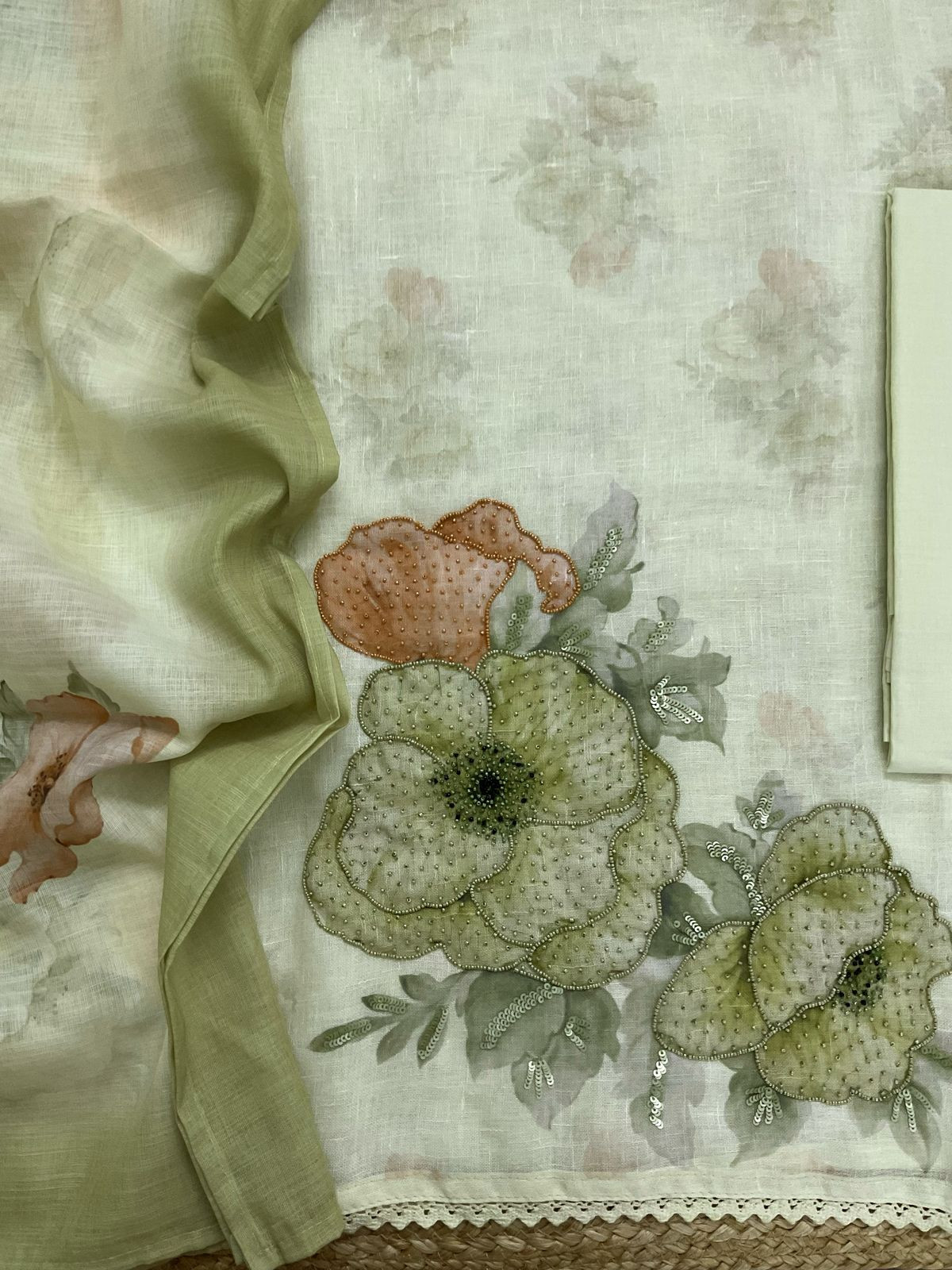 Soft Linen Jute Cotton Printed Embroidered Suit - Green