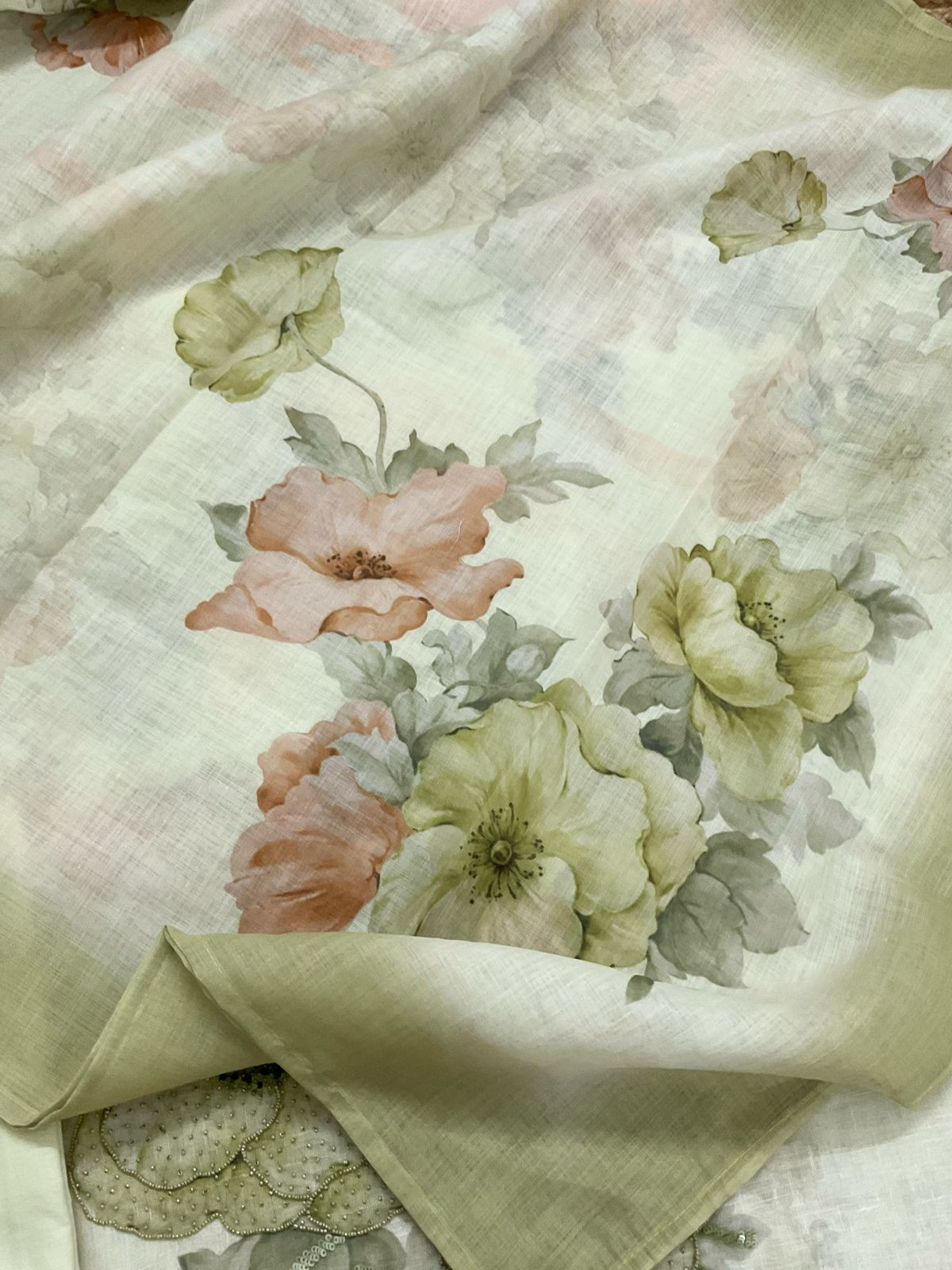 Soft Linen Jute Cotton Printed Embroidered Suit - Green