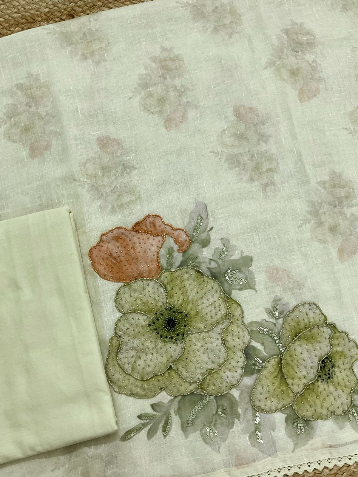 Soft Linen Jute Cotton Printed Embroidered Suit - Green