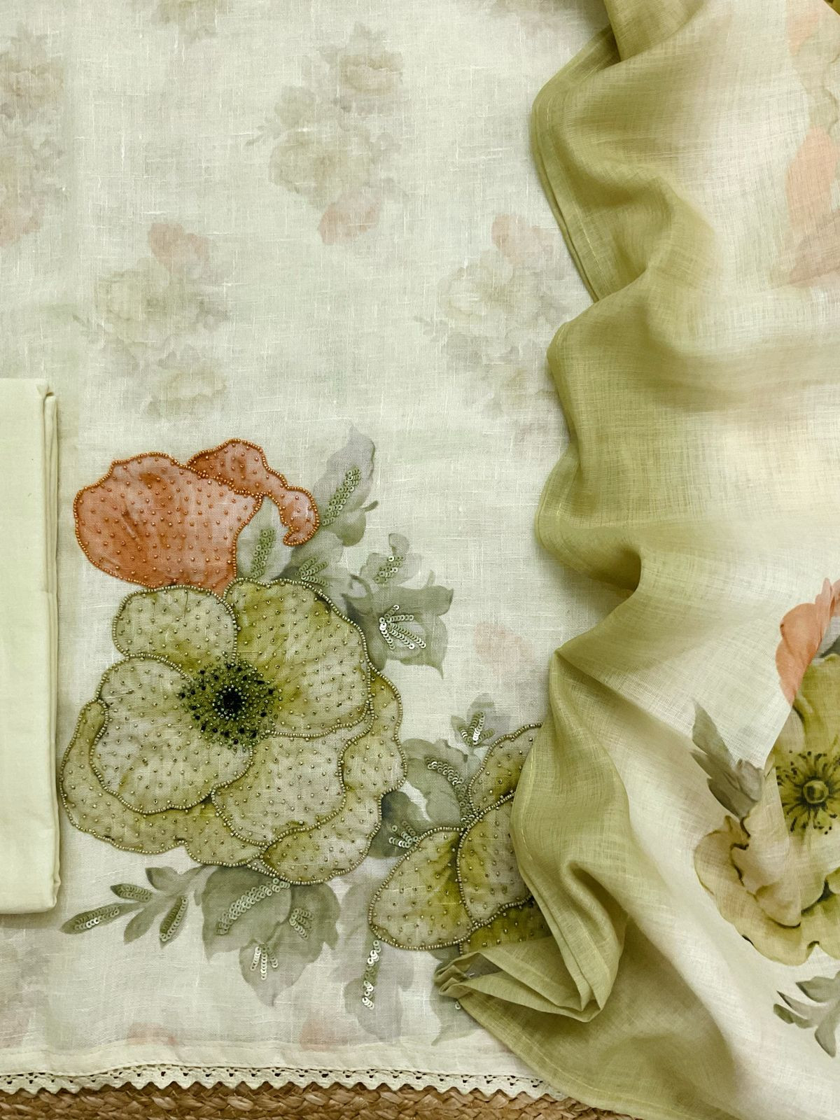 Soft Linen Jute Cotton Printed Embroidered Suit - Green