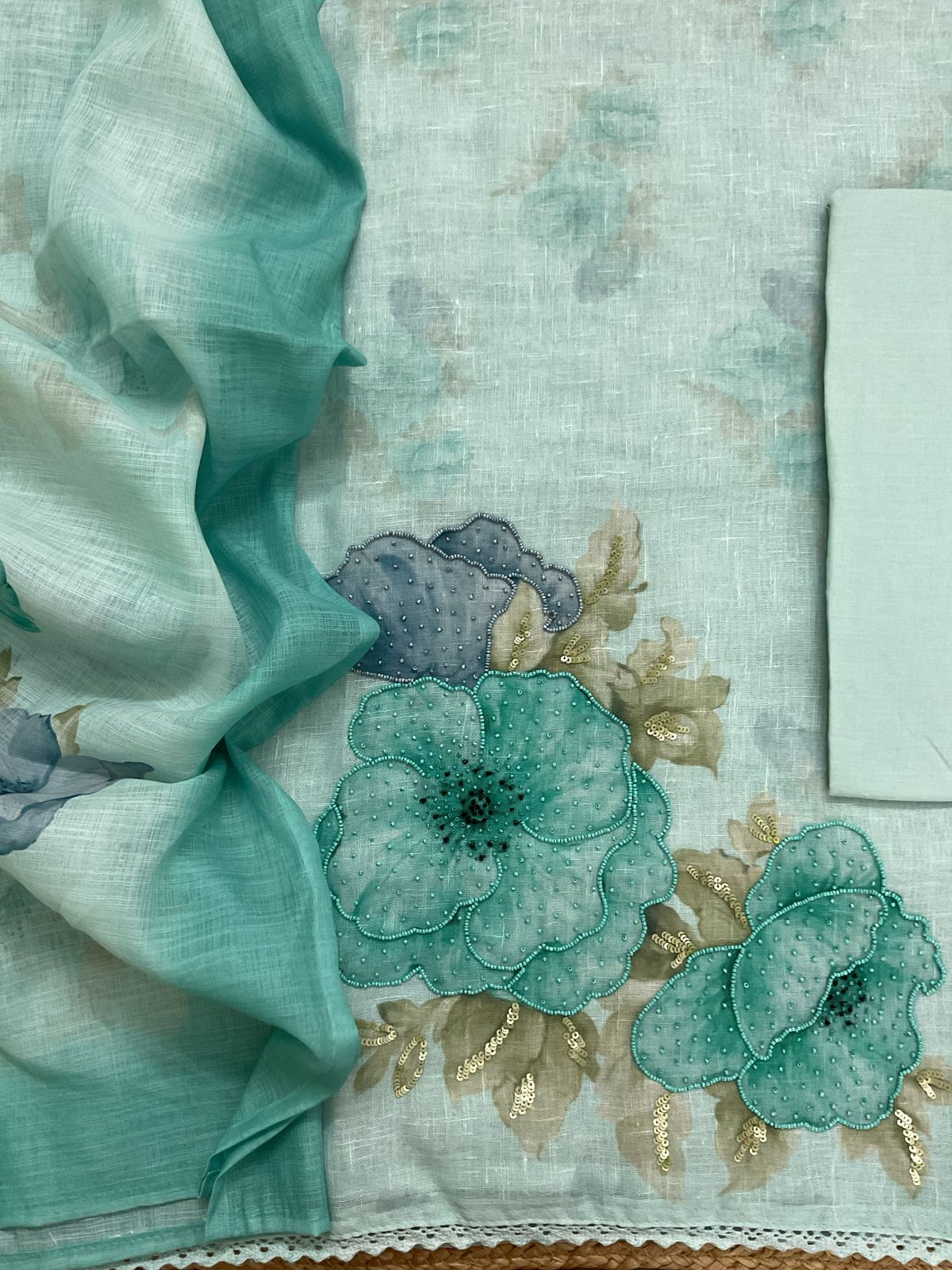 Soft Linen Jute Cotton Printed Embroidered Suit - Blue