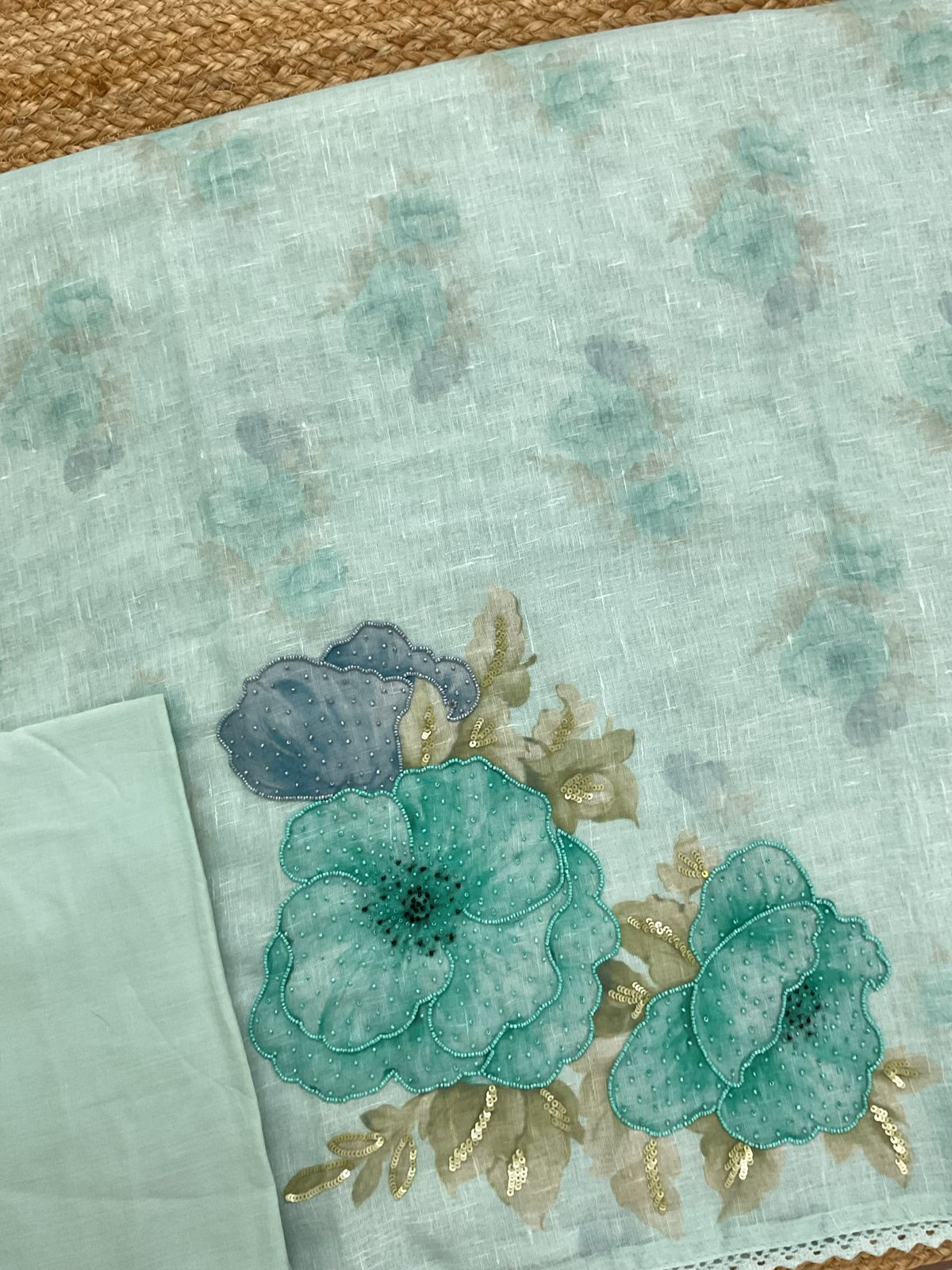 Soft Linen Jute Cotton Printed Embroidered Suit - Blue