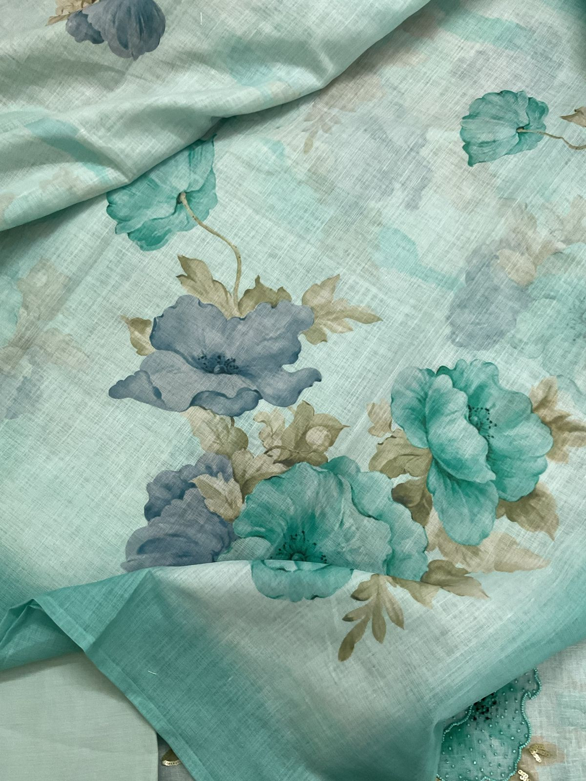 Soft Linen Jute Cotton Printed Embroidered Suit - Blue