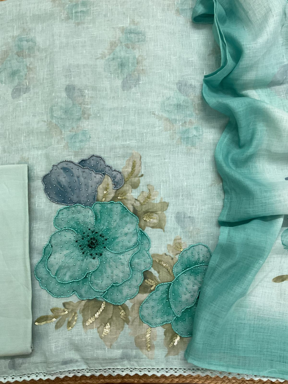 Soft Linen Jute Cotton Printed Embroidered Suit - Blue