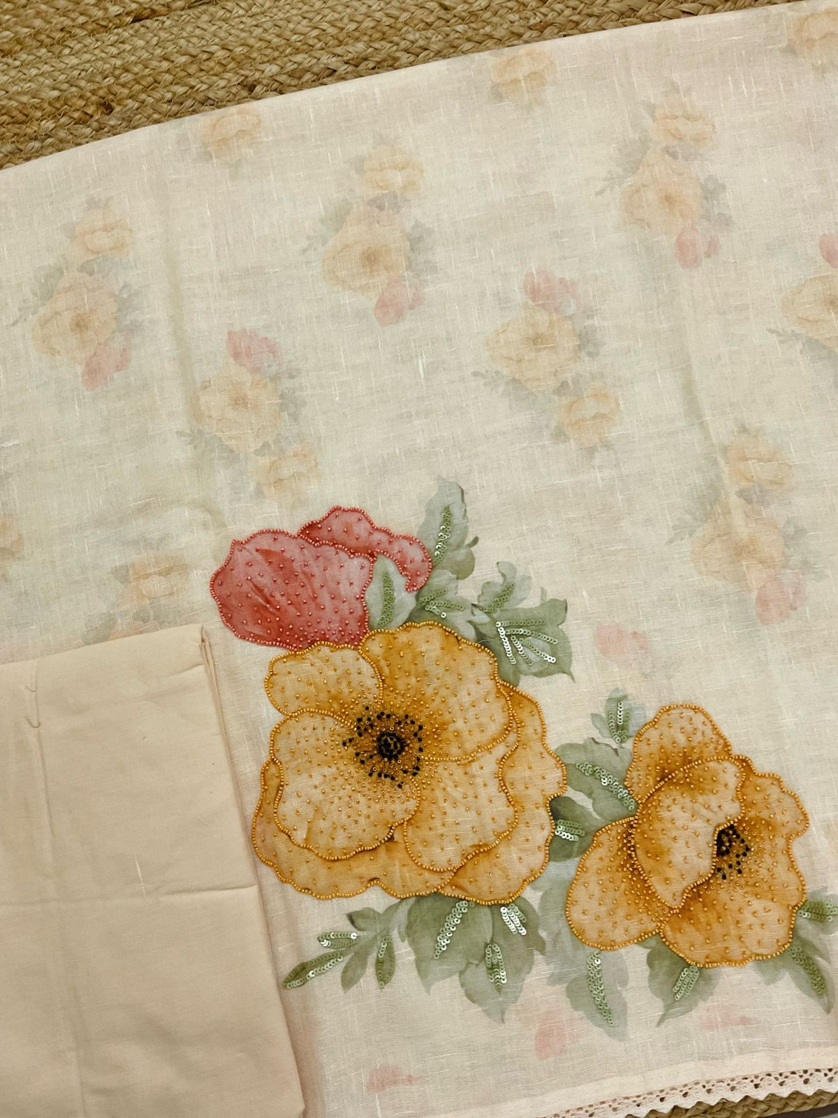 Soft Linen Jute Cotton Printed Embroidered Suit - Yellow