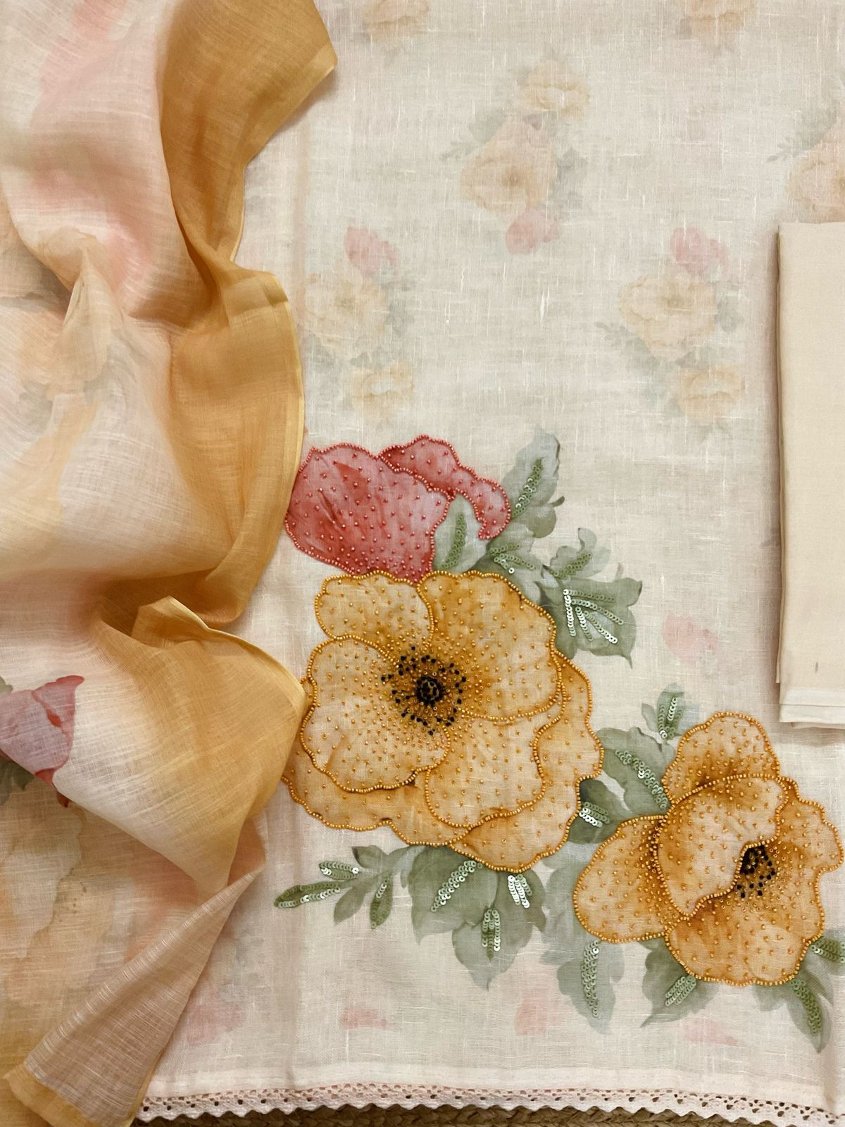 Soft Linen Jute Cotton Printed Embroidered Suit - Yellow