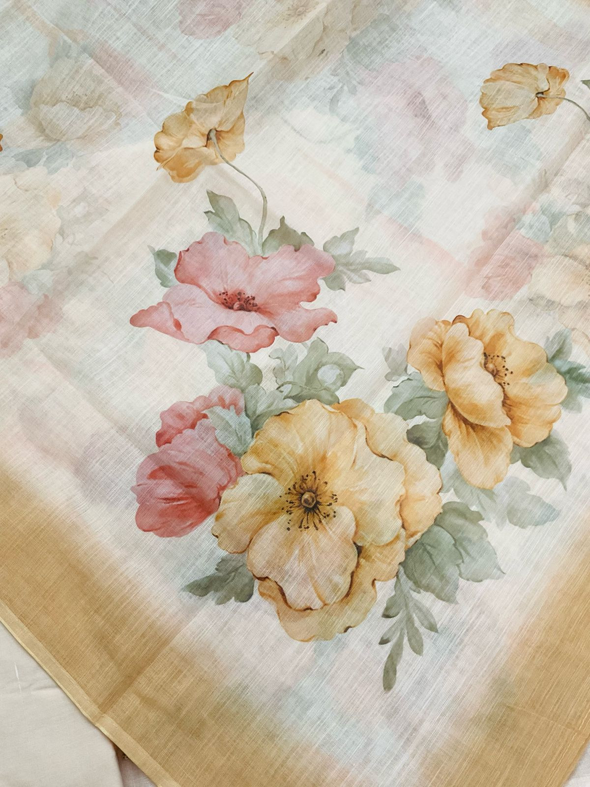 Soft Linen Jute Cotton Printed Embroidered Suit - Yellow