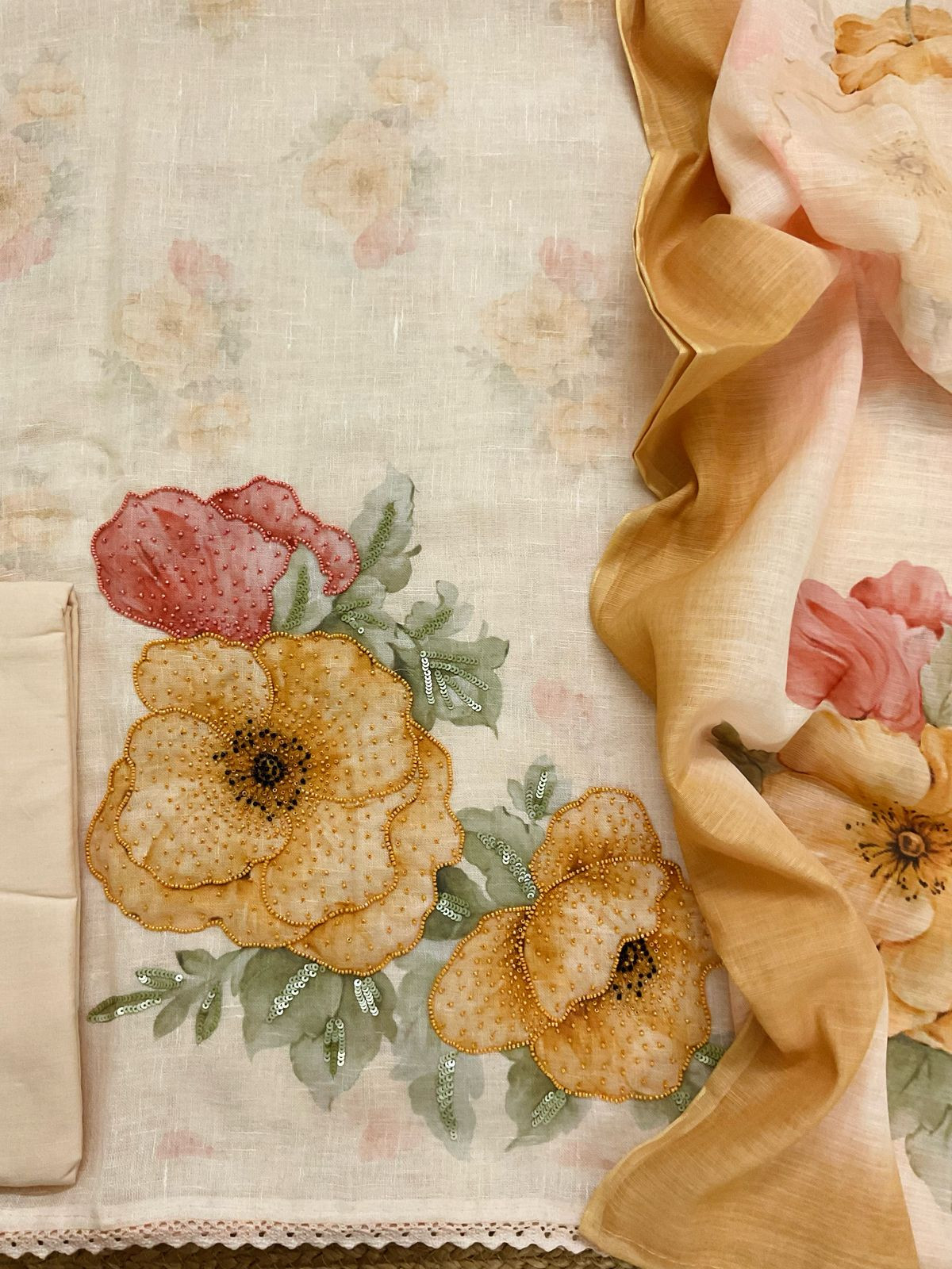 Soft Linen Jute Cotton Printed Embroidered Suit - Yellow