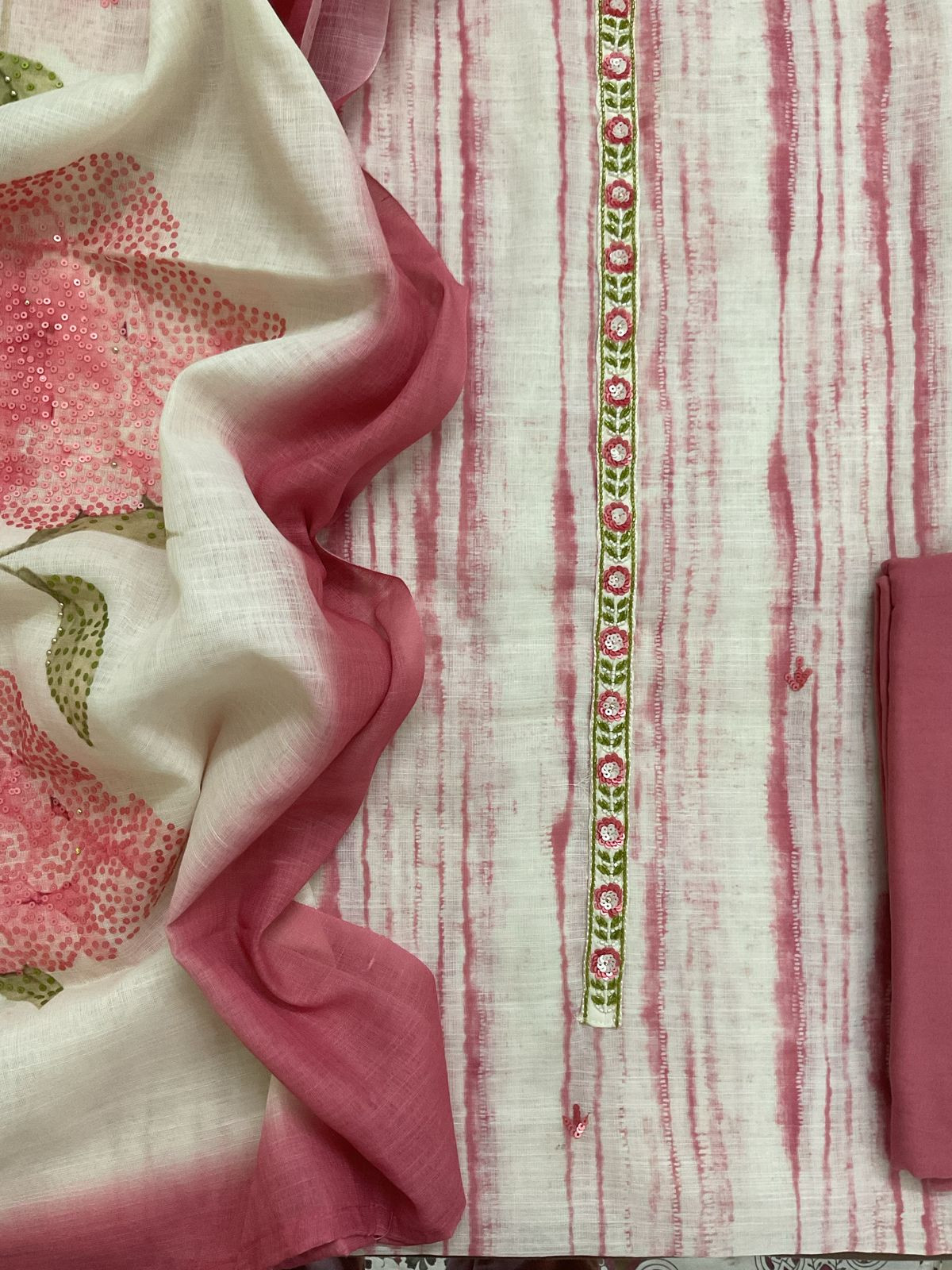 Soft Linen Jute Cotton Printed Embroidered Suit - Pink