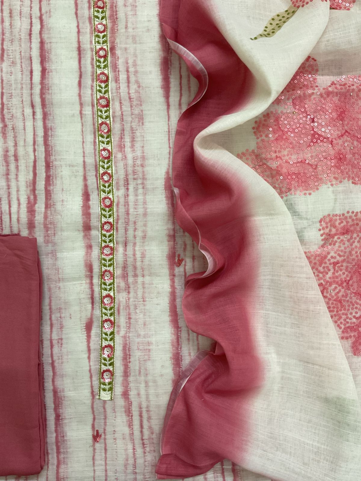Soft Linen Jute Cotton Printed Embroidered Suit - Pink