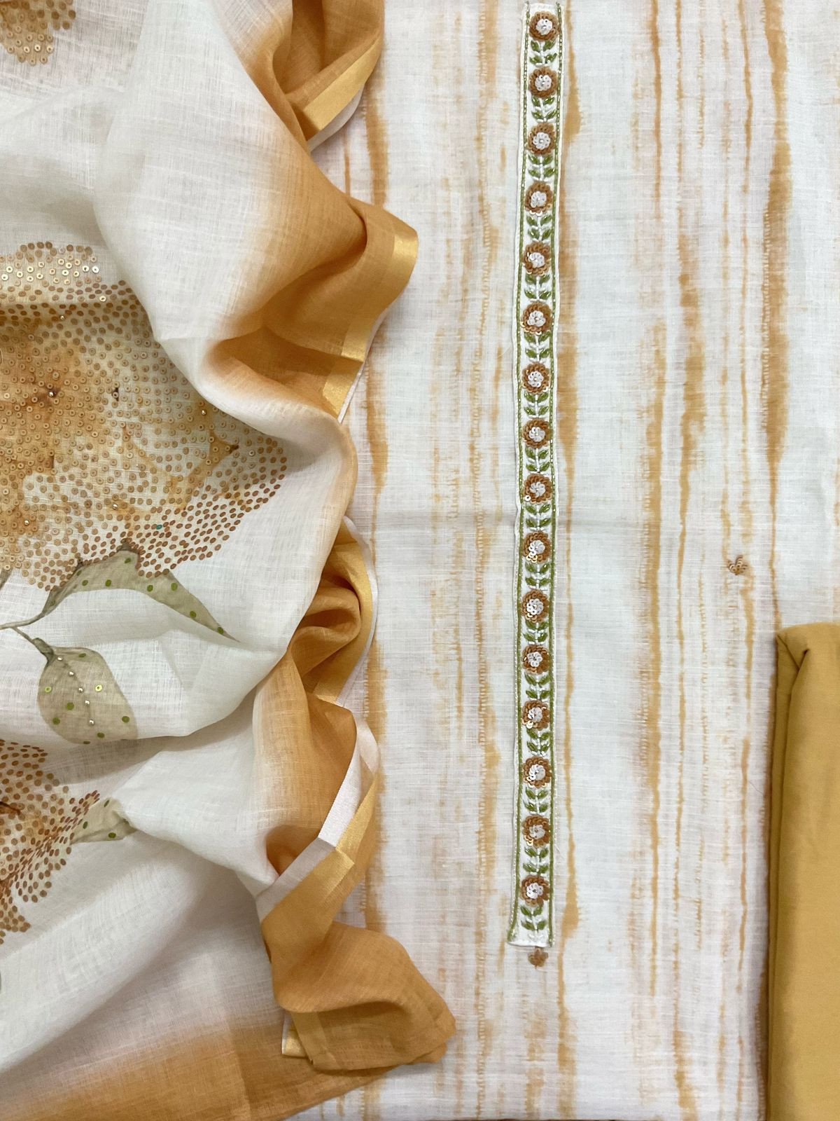 Soft Linen Jute Cotton Printed Embroidered Suit - Yellow