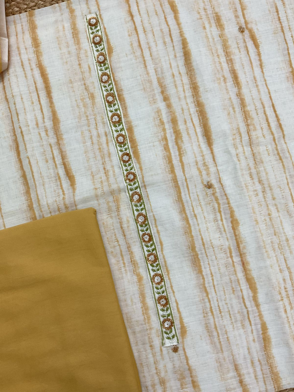 Soft Linen Jute Cotton Printed Embroidered Suit - Yellow