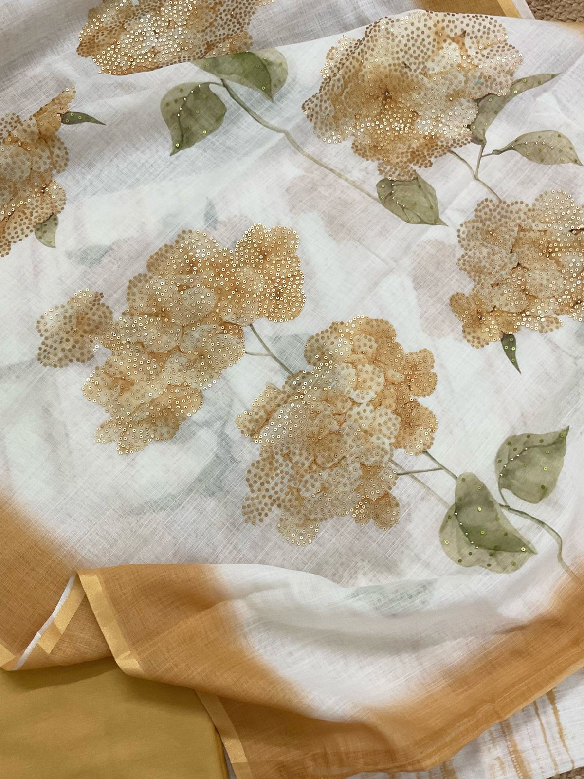 Soft Linen Jute Cotton Printed Embroidered Suit - Yellow