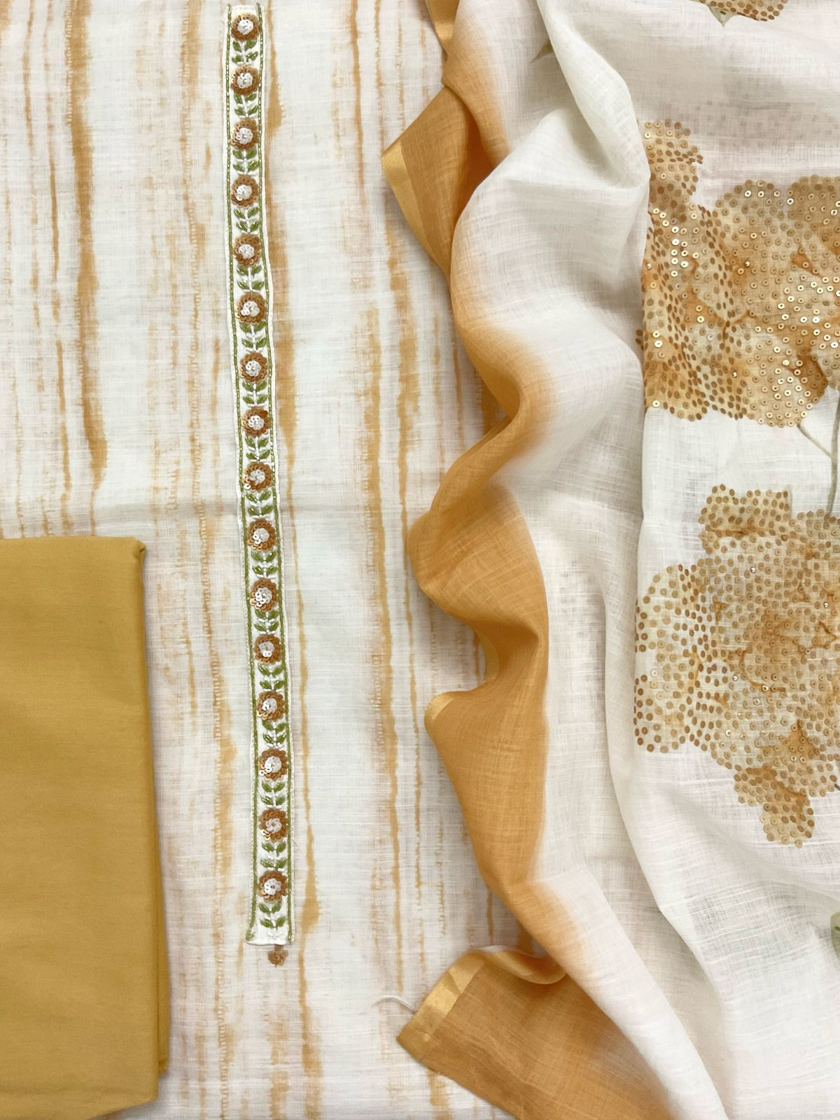 Soft Linen Jute Cotton Printed Embroidered Suit - Yellow