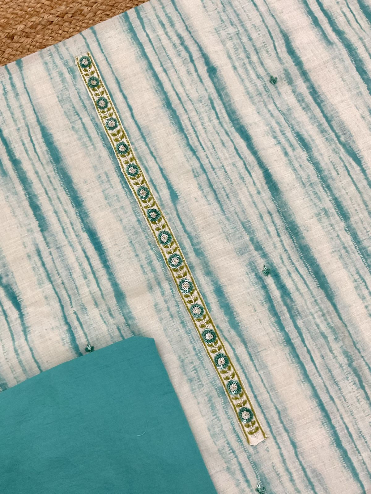 Soft Linen Jute Cotton Printed Embroidered Suit - Blue