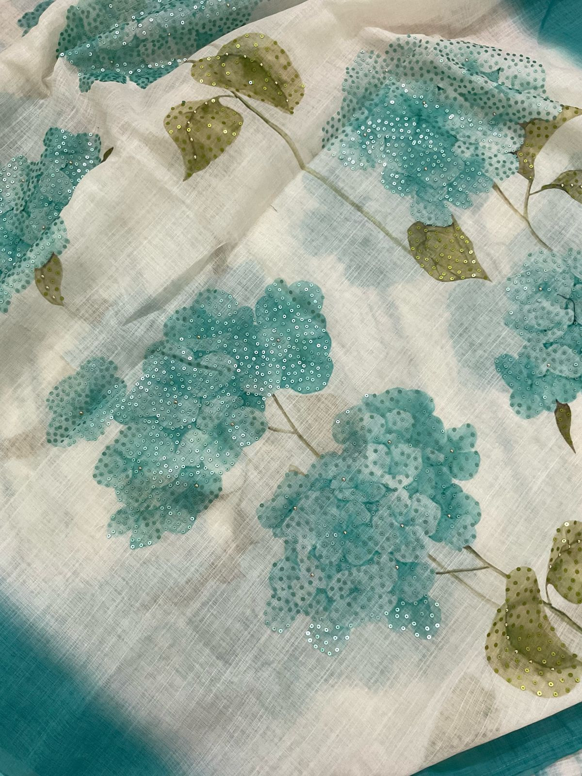 Soft Linen Jute Cotton Printed Embroidered Suit - Blue