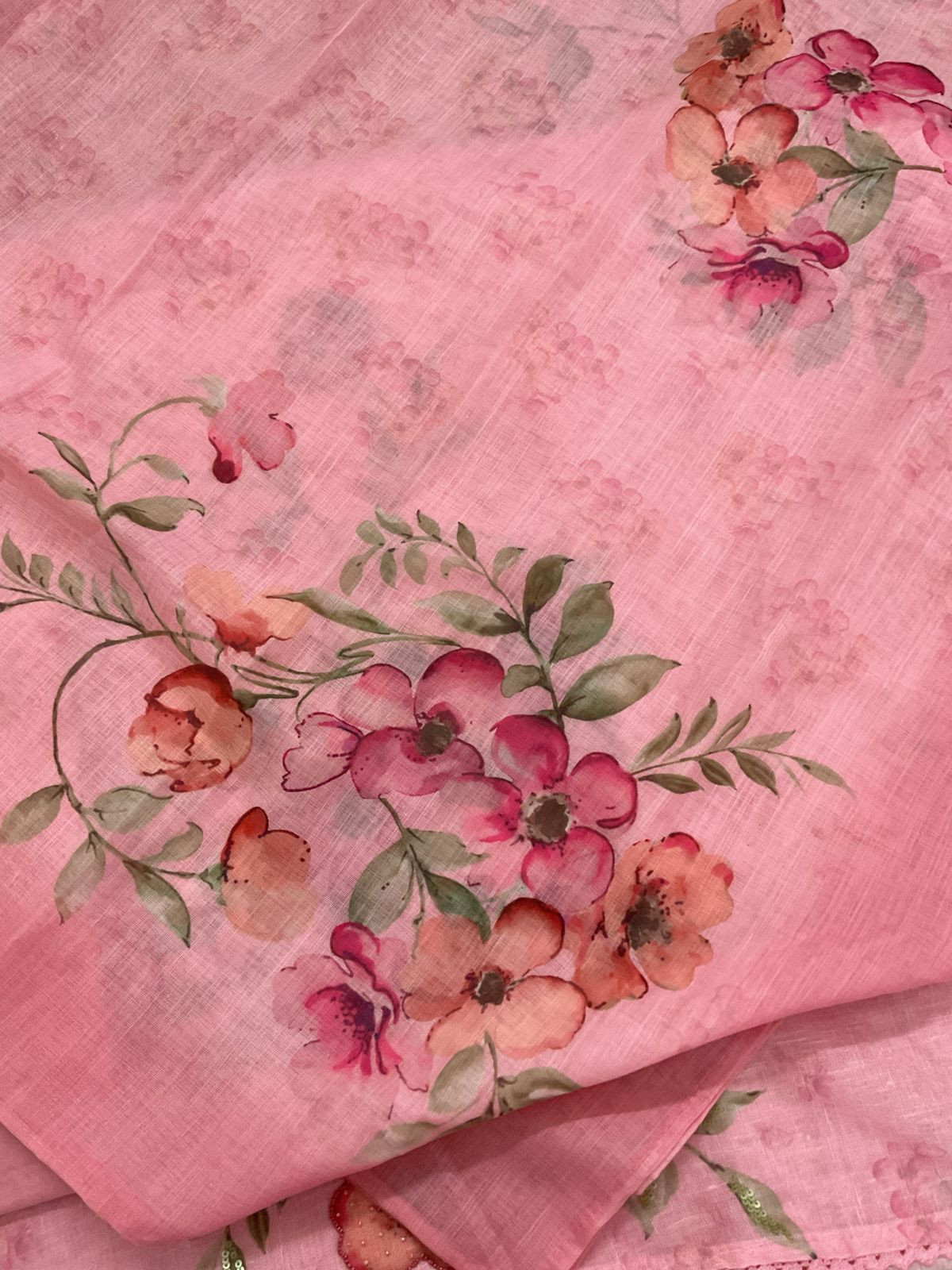 Soft Linen Jute Cotton Printed Embroidered Suit - Pink