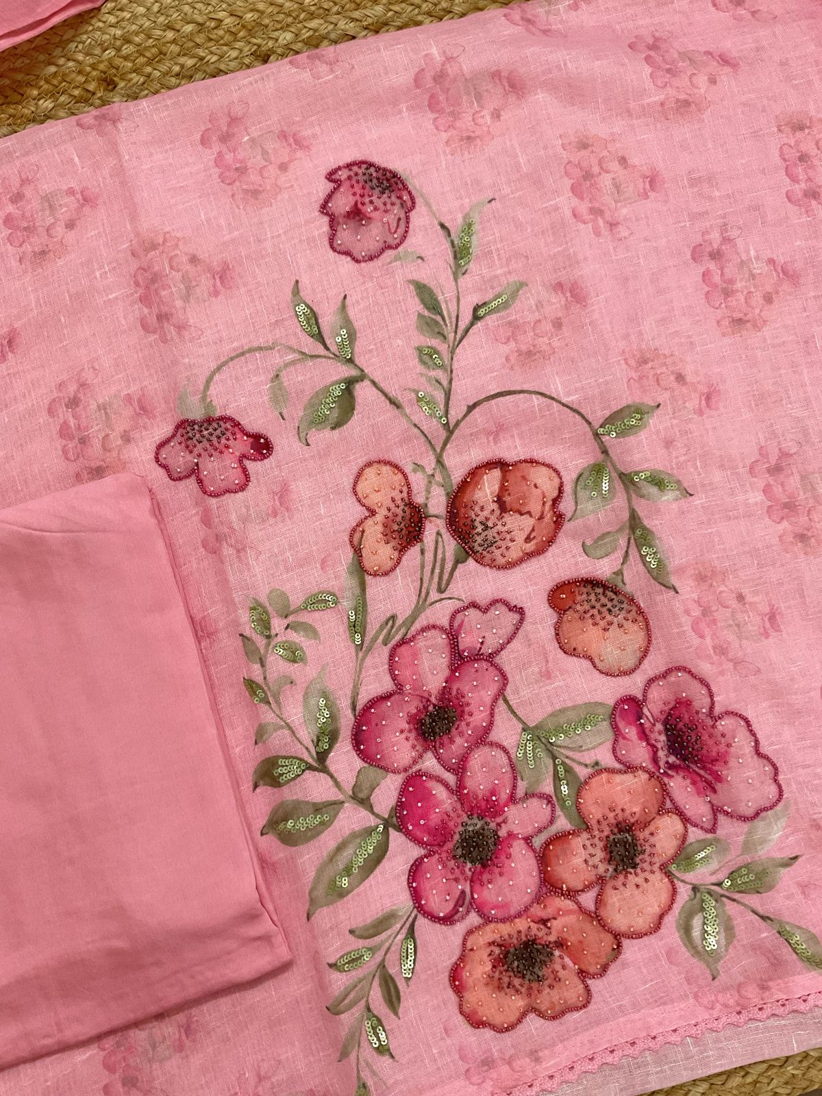 Soft Linen Jute Cotton Printed Embroidered Suit - Pink
