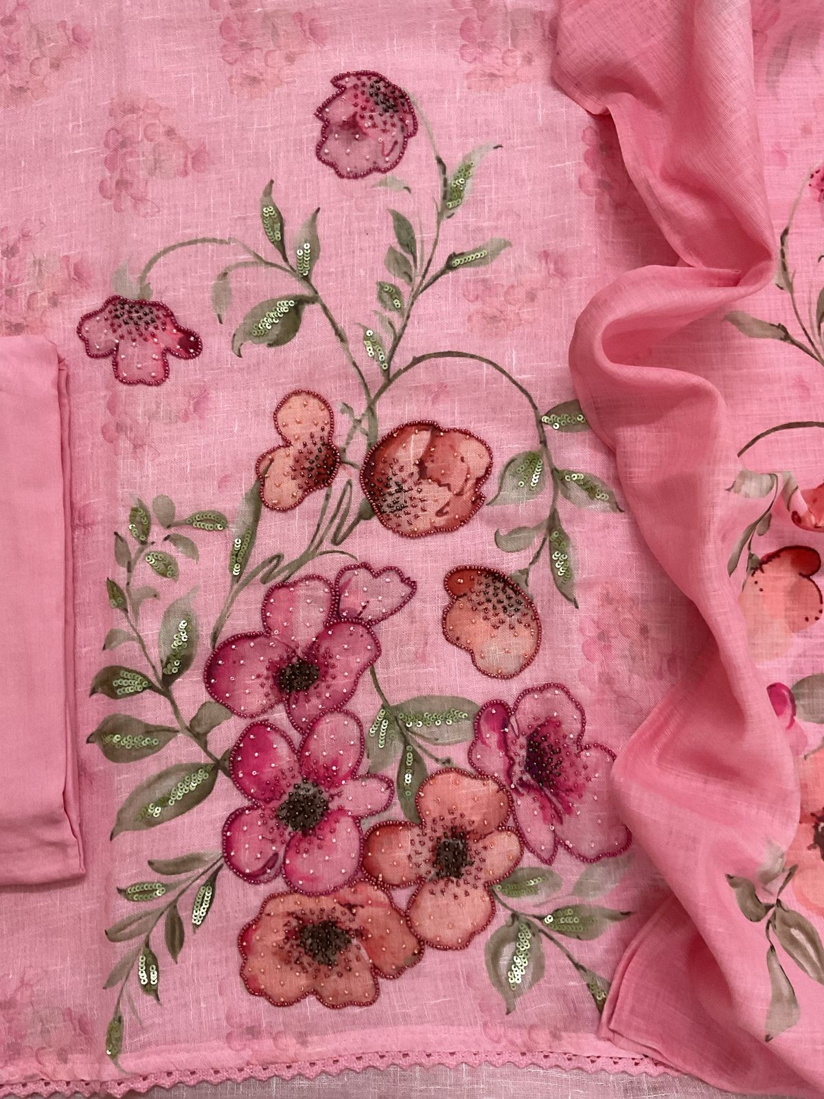 Soft Linen Jute Cotton Printed Embroidered Suit - Pink