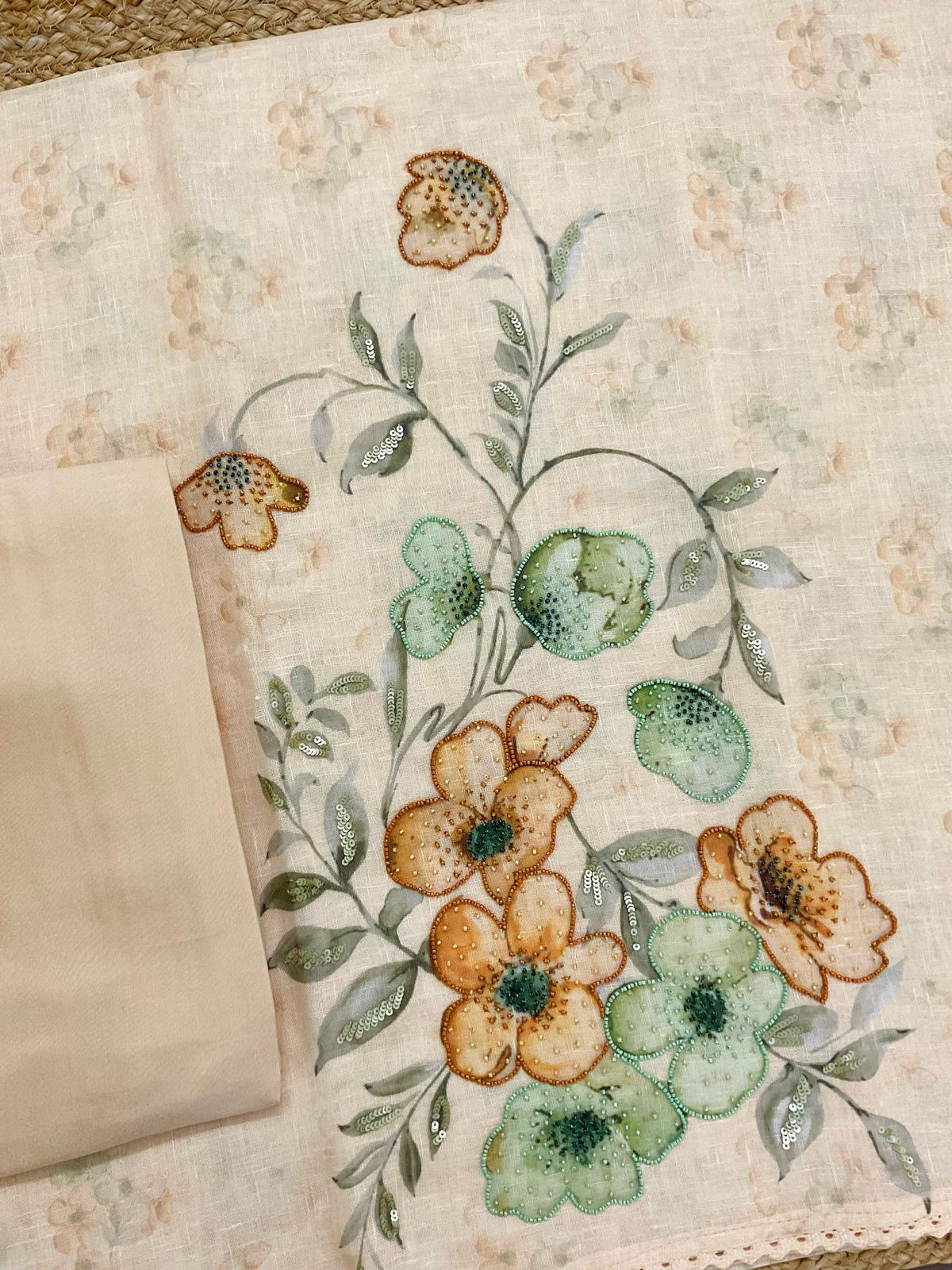 Soft Linen Jute Cotton Printed Embroidered Suit - Yellow