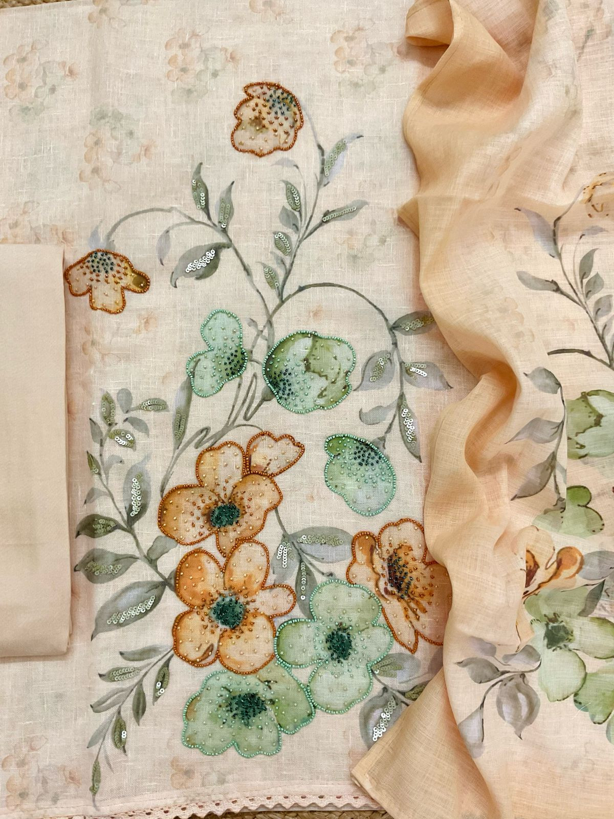 Soft Linen Jute Cotton Printed Embroidered Suit - Yellow