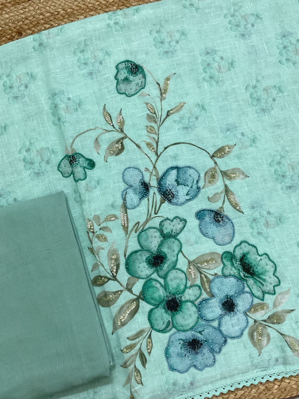 Soft Linen Jute Cotton Printed Embroidered Suit - Blue