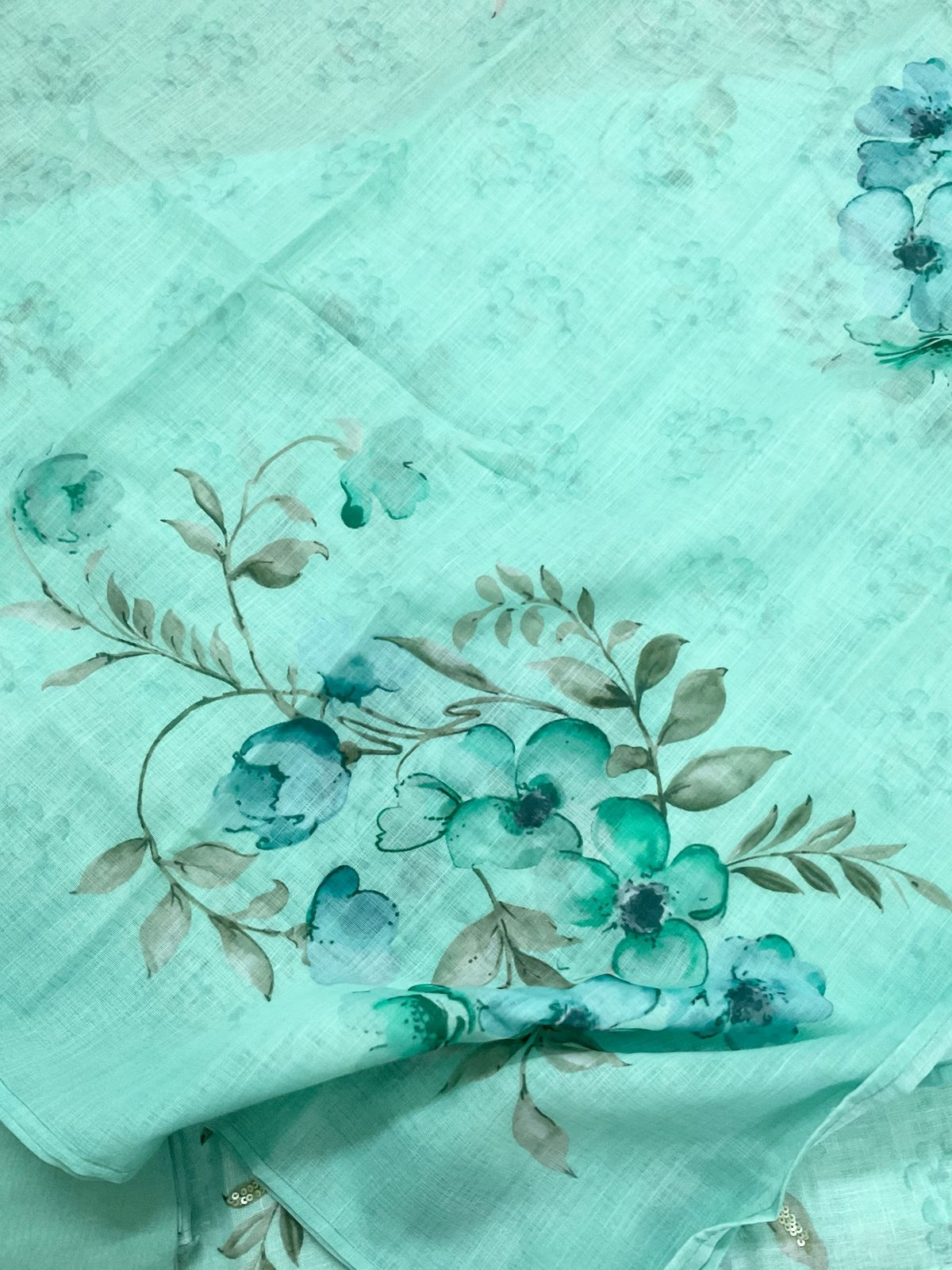 Soft Linen Jute Cotton Printed Embroidered Suit - Blue