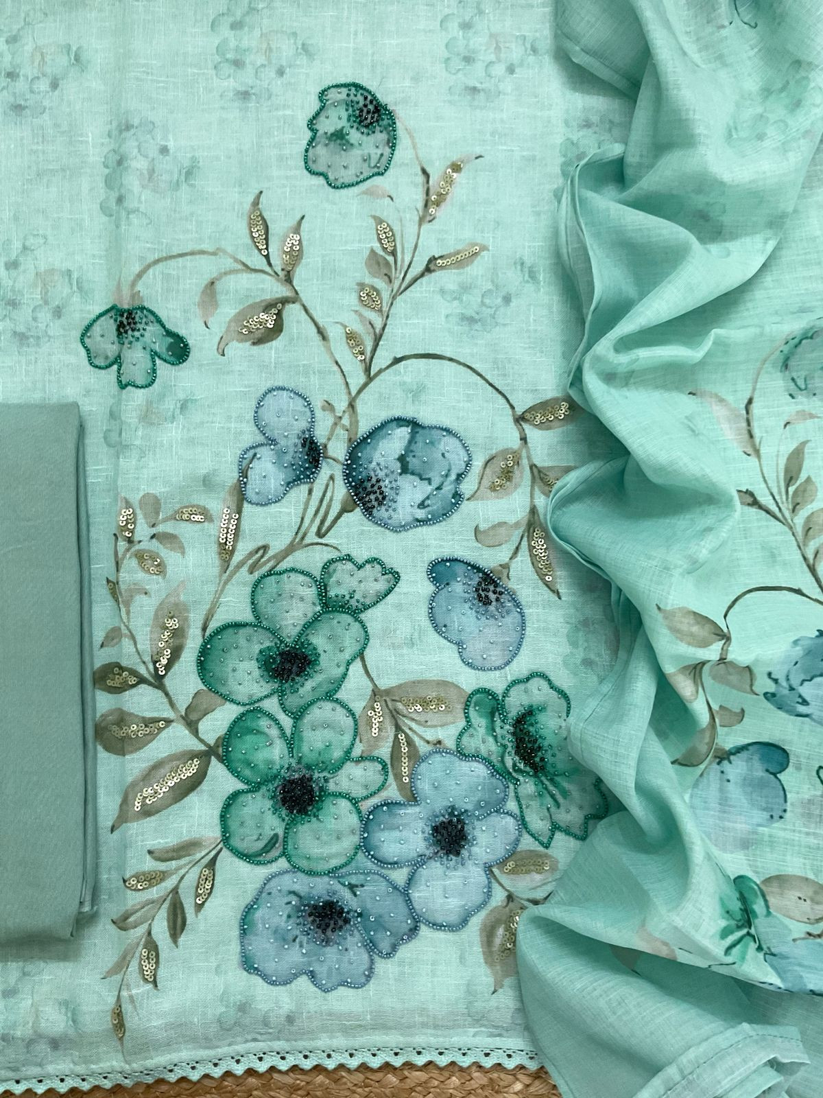 Soft Linen Jute Cotton Printed Embroidered Suit - Blue