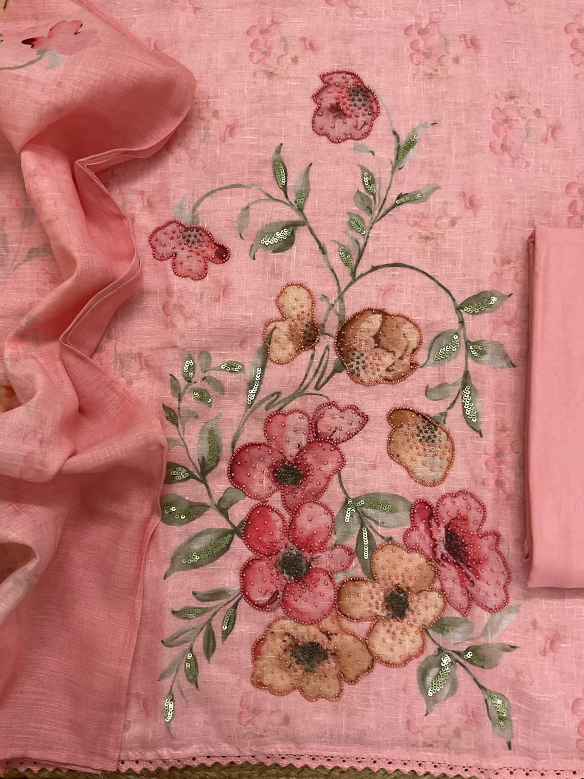 Soft Linen Jute Cotton Printed Embroidered Suit - Peach