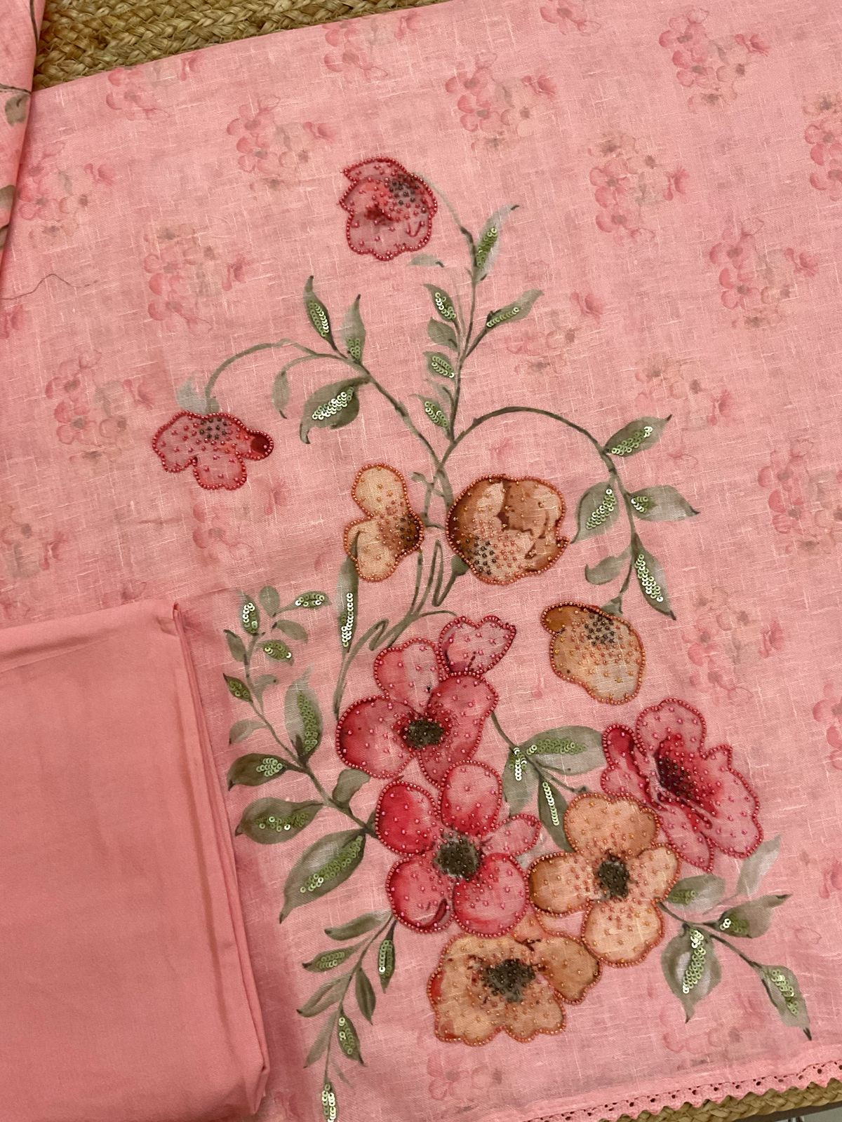 Soft Linen Jute Cotton Printed Embroidered Suit - Peach