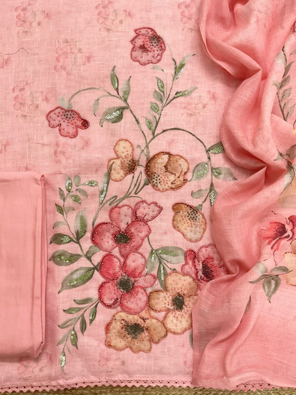 Soft Linen Jute Cotton Printed Embroidered Suit - Peach