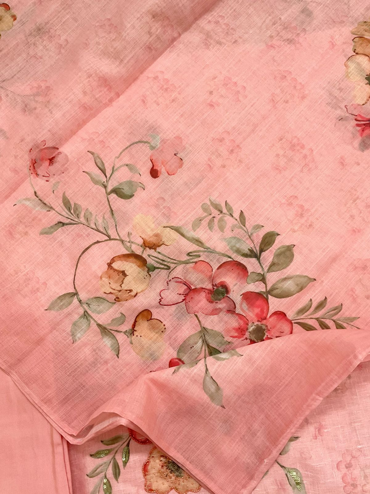 Soft Linen Jute Cotton Printed Embroidered Suit - Peach