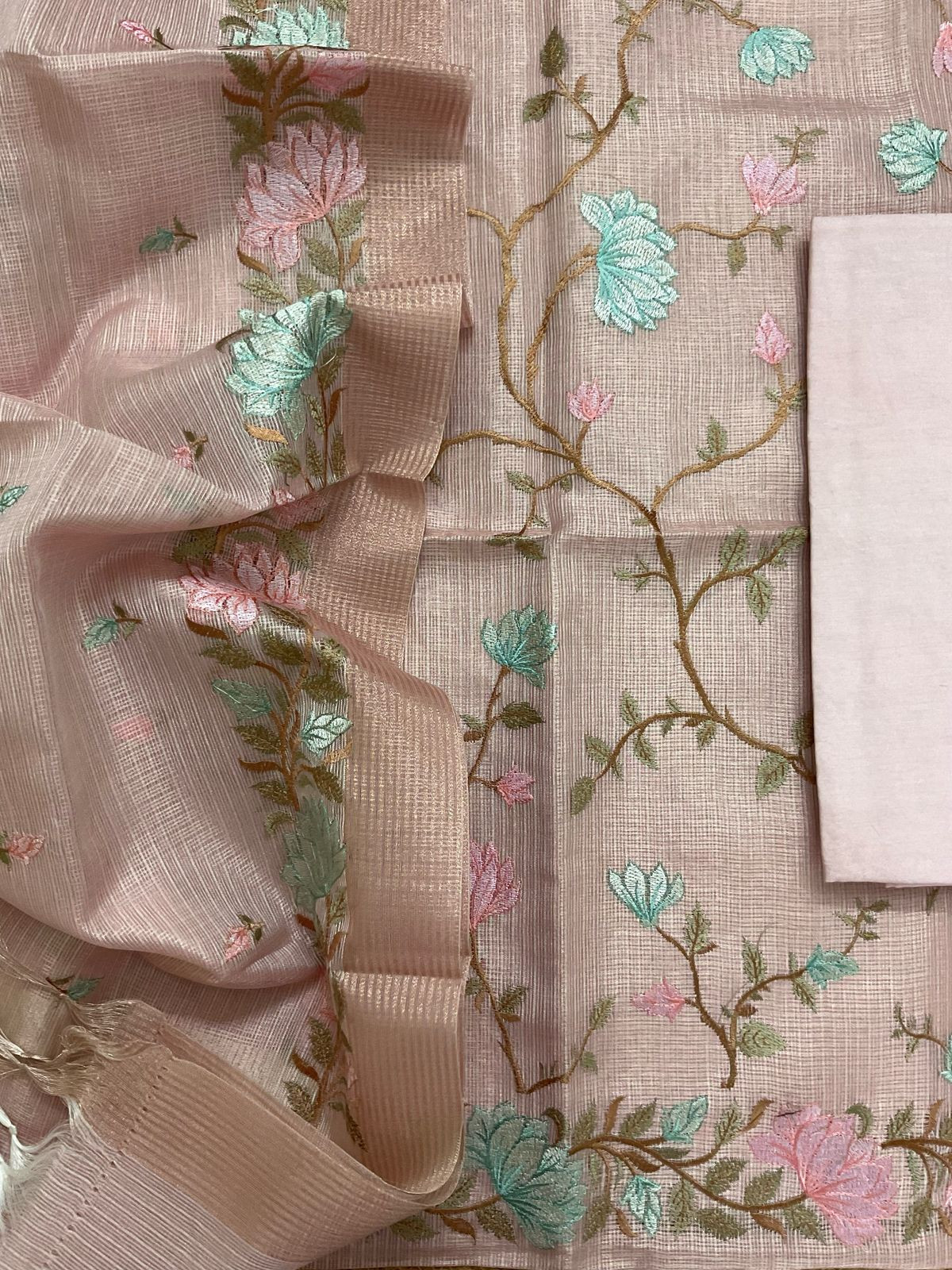 Soft Tissue Kota Silk Embroidered Suit - Pink