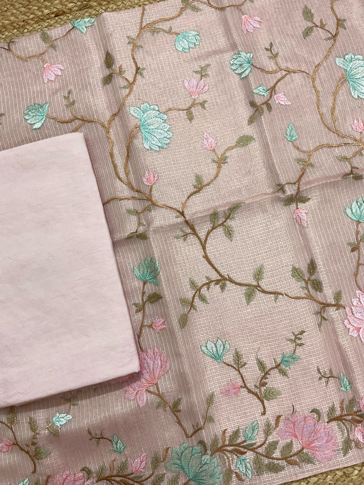 Soft Tissue Kota Silk Embroidered Suit - Pink