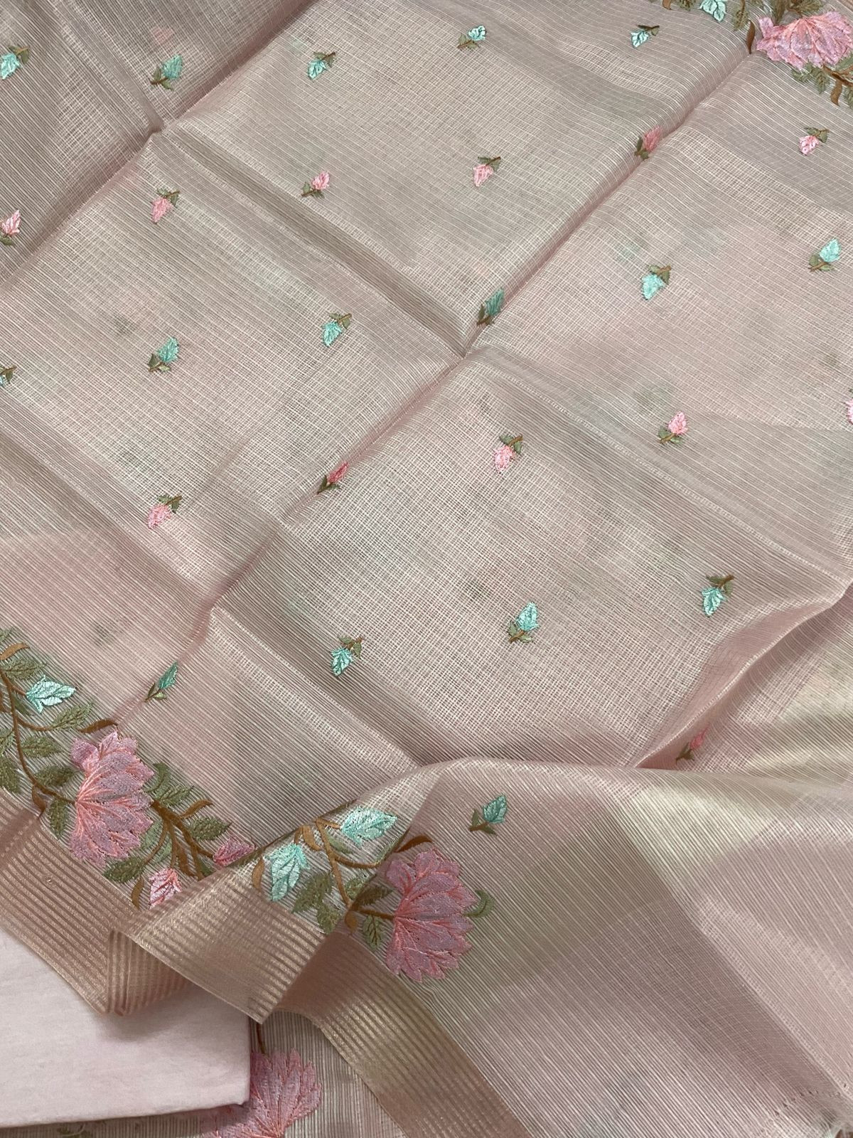 Soft Tissue Kota Silk Embroidered Suit - Pink