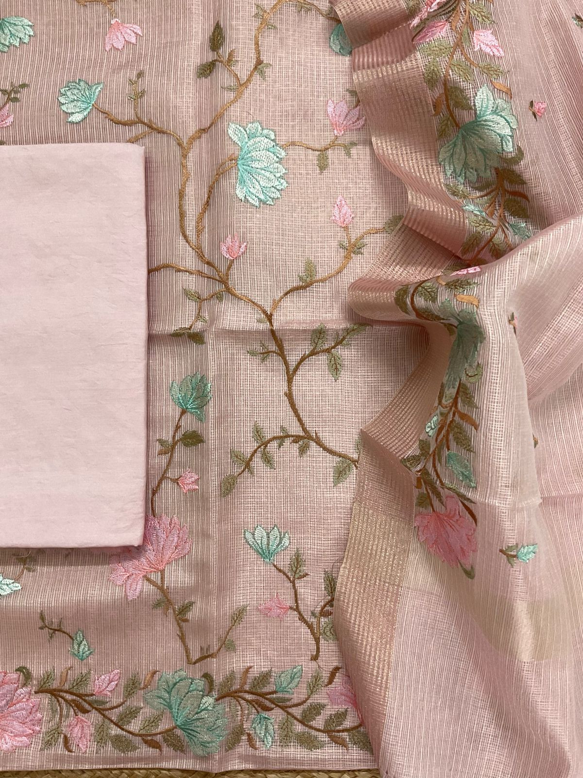 Soft Tissue Kota Silk Embroidered Suit - Pink