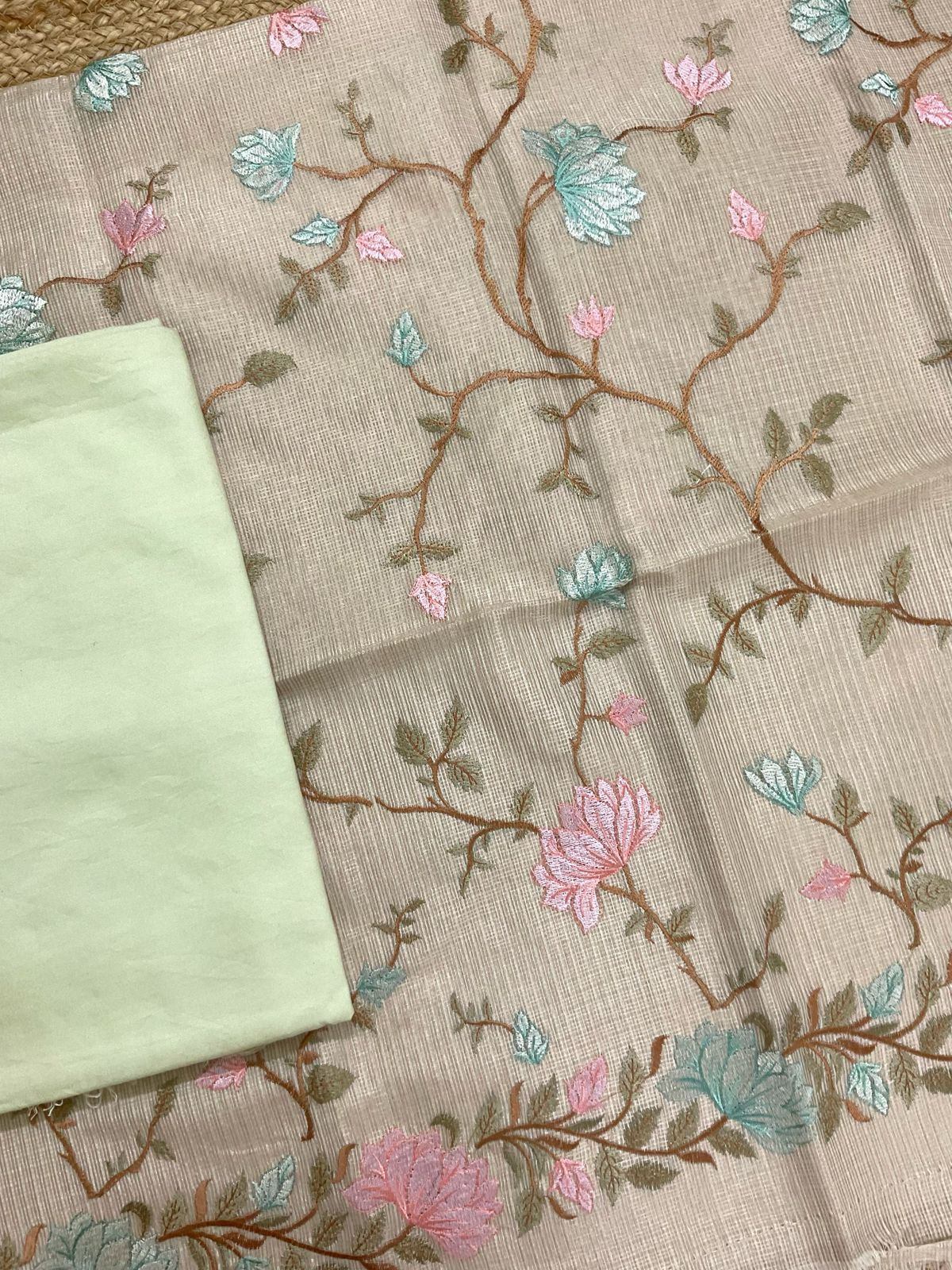 Soft Tissue Kota Silk Embroidered Suit - Green