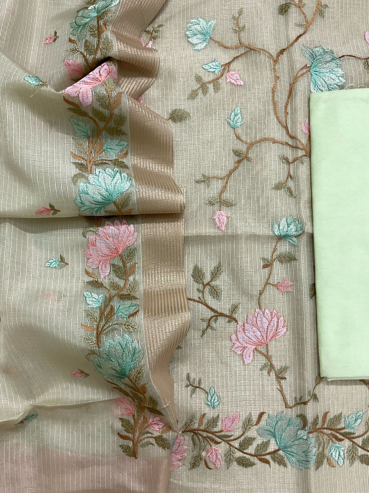 Soft Tissue Kota Silk Embroidered Suit - Green