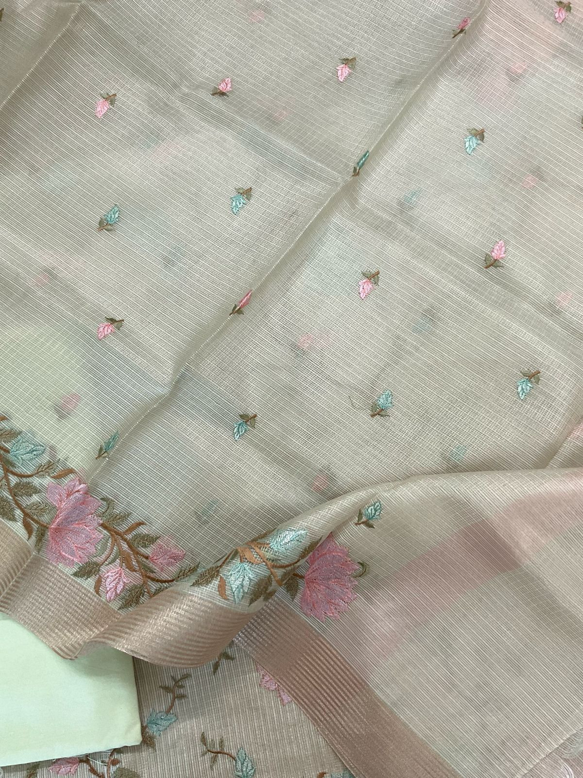 Soft Tissue Kota Silk Embroidered Suit - Green