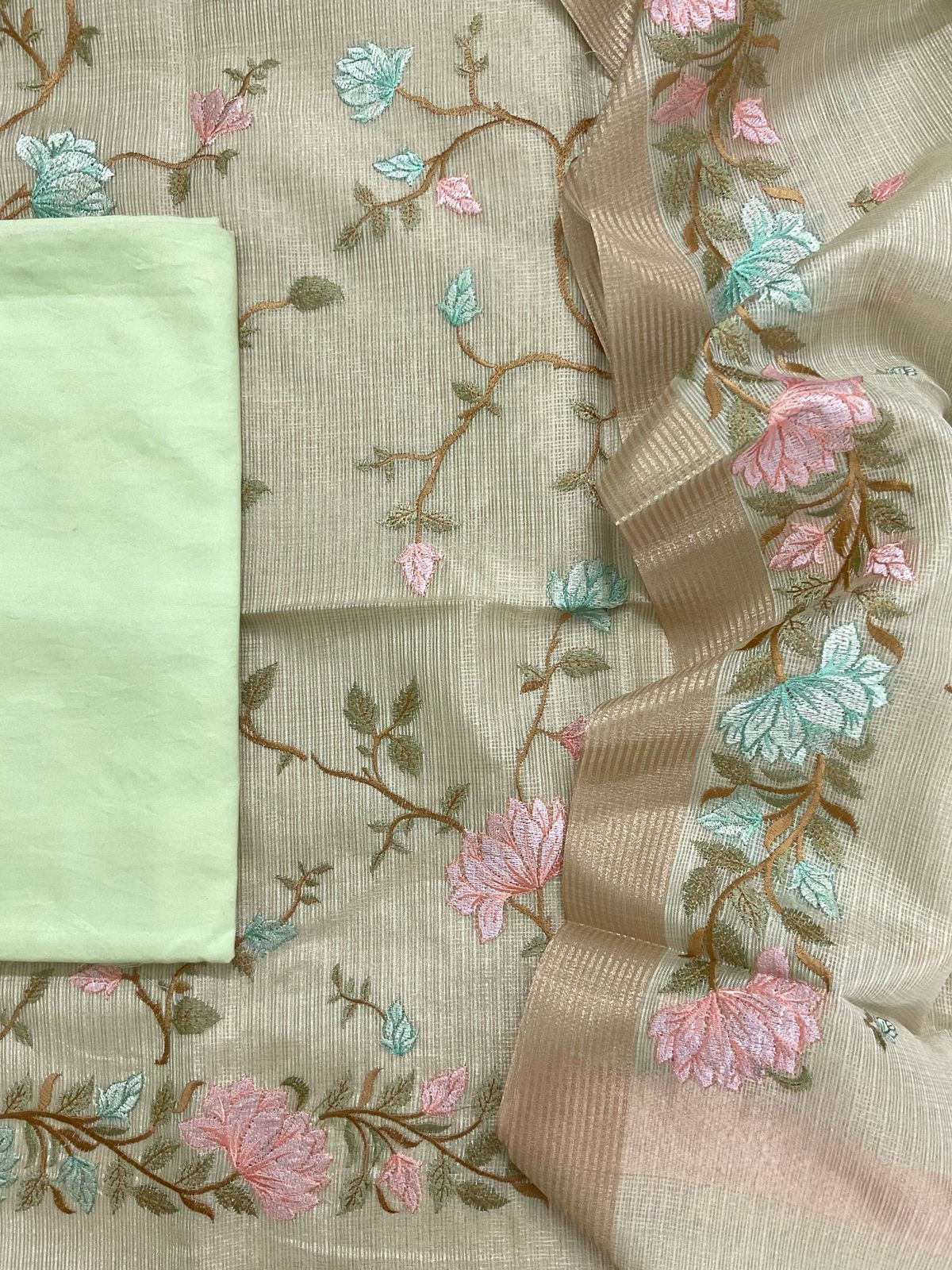 Soft Tissue Kota Silk Embroidered Suit - Green